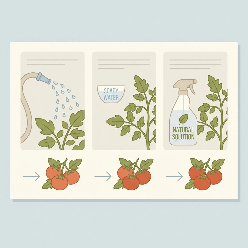 Family-friendly tomato pest control using water spray, soapy water, and natural spray methods illustrated