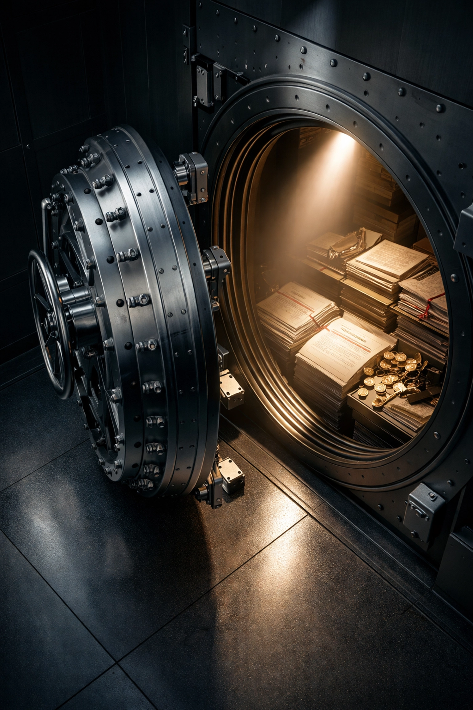 A secure bank vault partially open, revealing investment documents and property deeds, symbolizing institutional investment security.