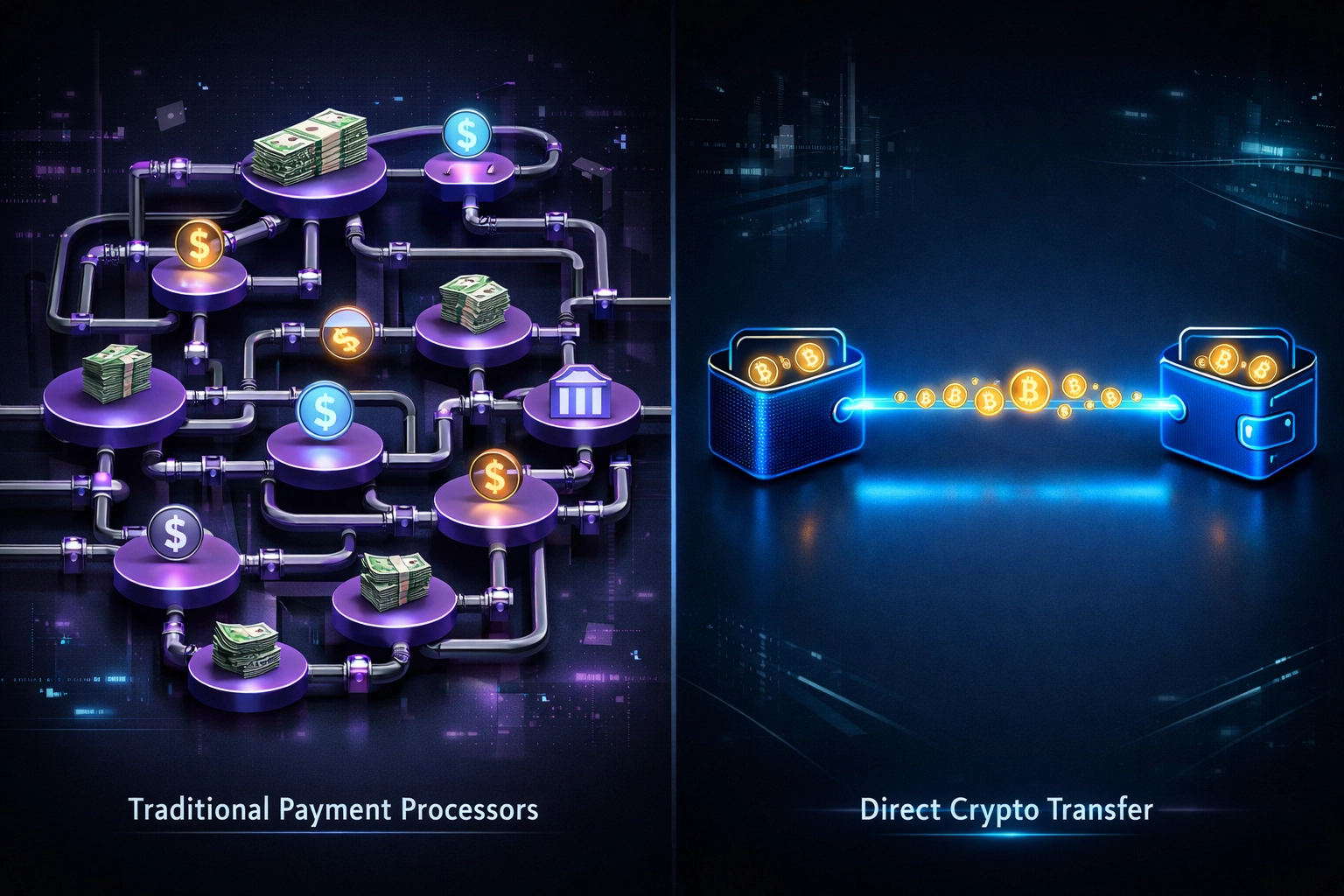 Decentralized crypto payment flow versus traditional processor with direct wallet-to-wallet transfer