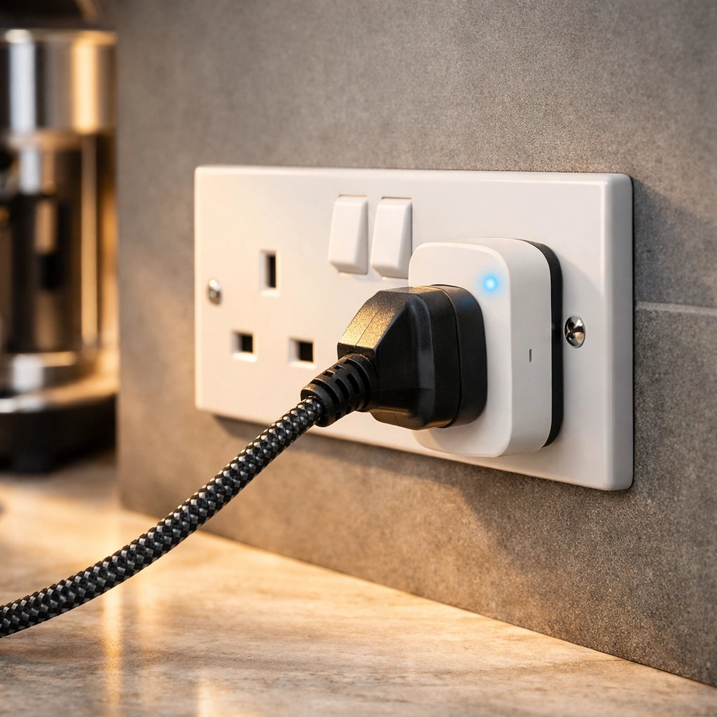 A smart plug in a standard UK wall socket used to manage appliance energy consumption in a kitchen.