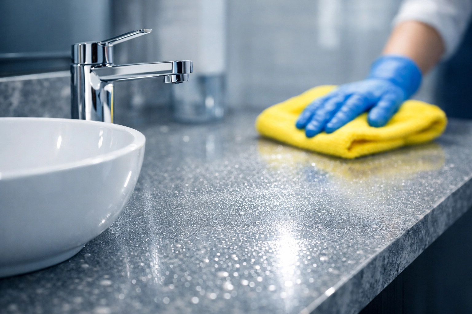 A professional house cleaner applying green disinfectant to a modern bathroom sink.
