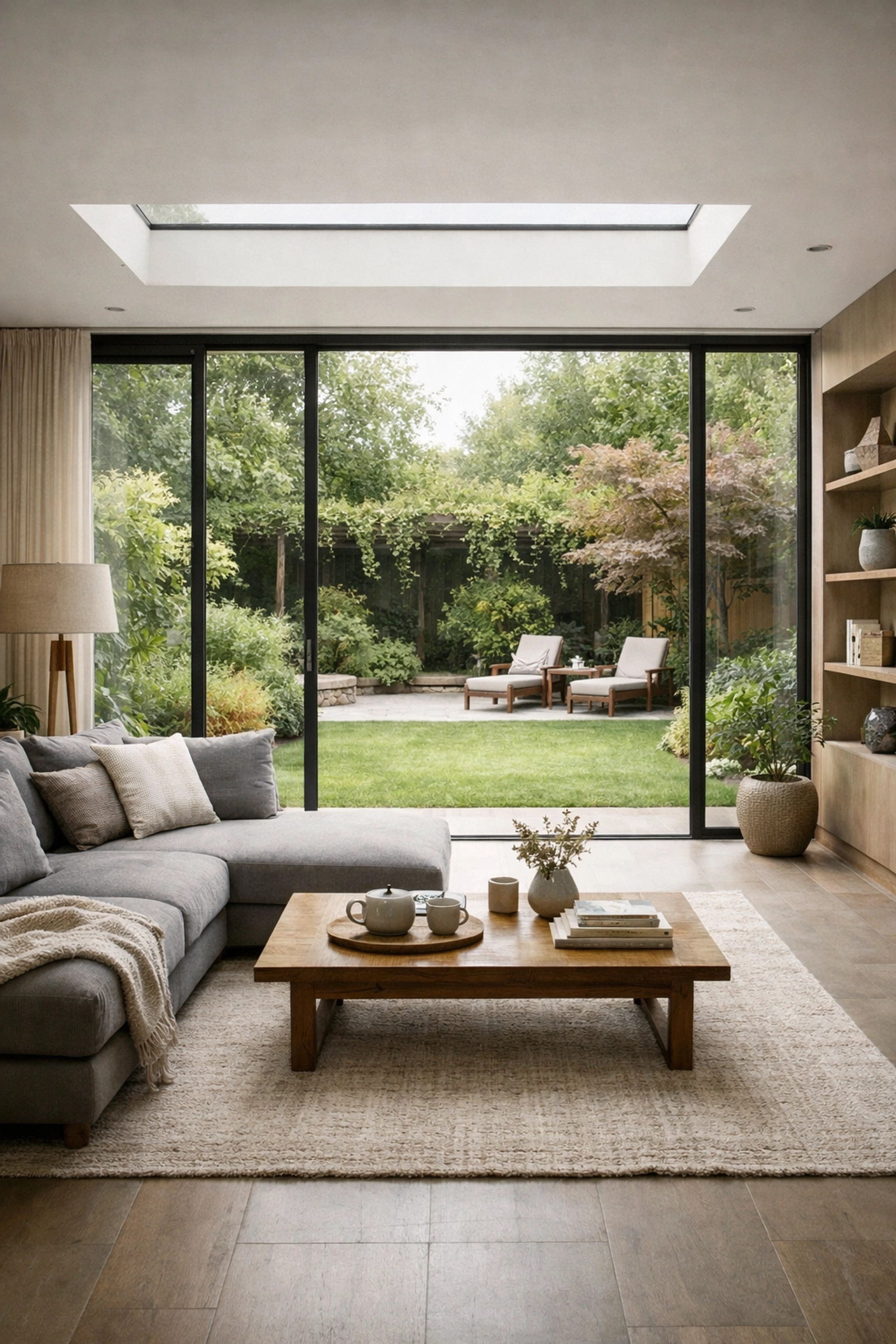 Sun-drenched open-plan living room extension in Nuneaton with floor-to-ceiling windows and garden views.