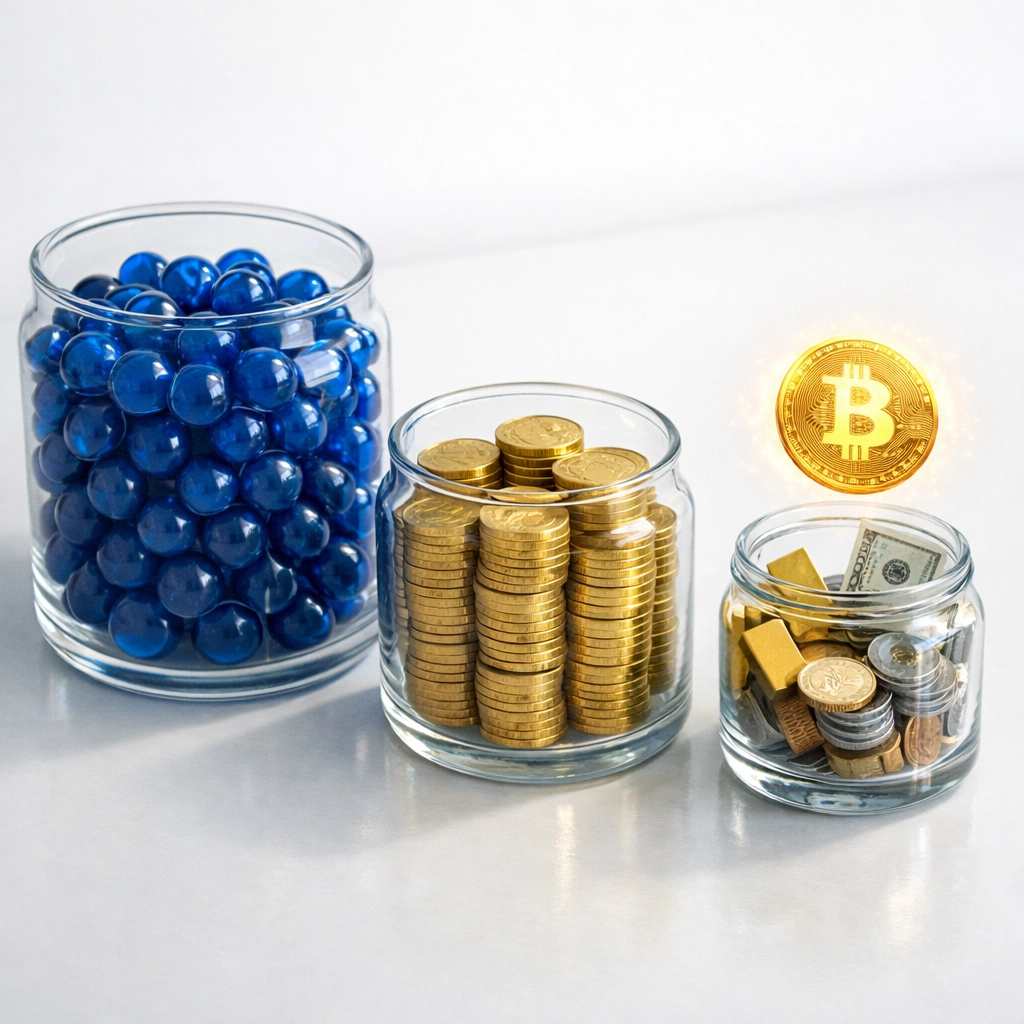 Portfolio allocation containers representing equities, bonds, and Bitcoin digital assets