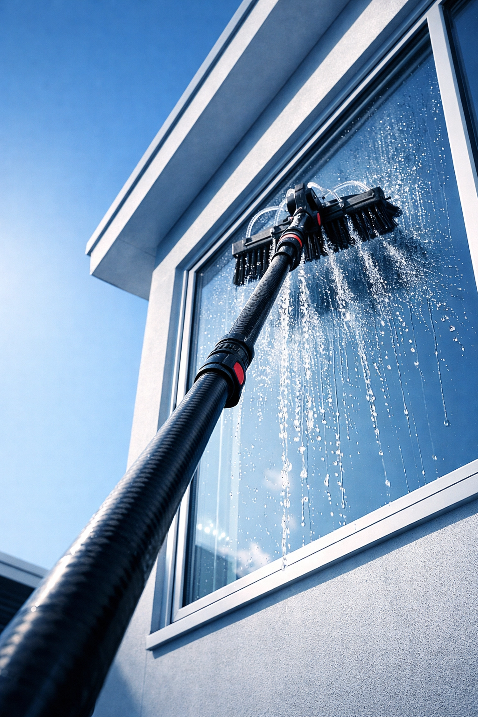 Water-fed pole window cleaning system reaching high residential windows with pure water