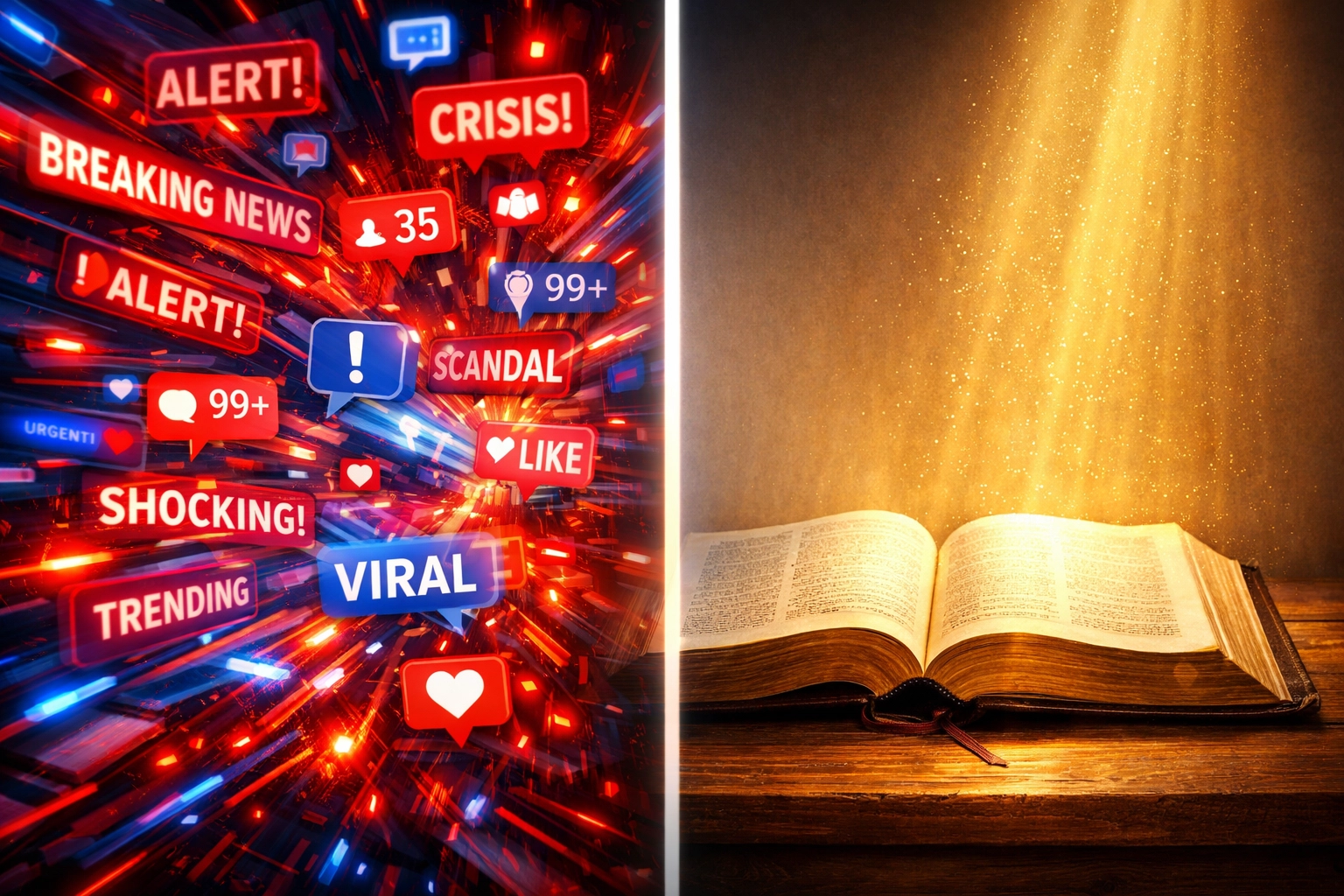 Contrast between chaotic news headlines and open Bible representing biblical clarity