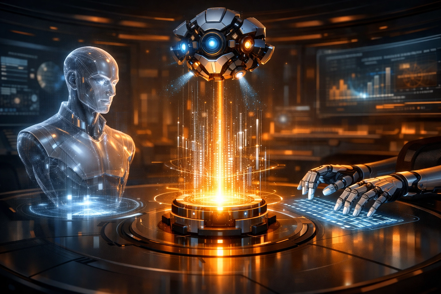 Three specialized AI agents collaborating on complex business tasks in a digital command center.