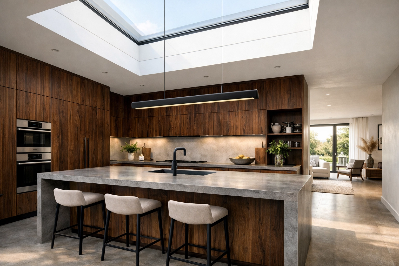 Photorealistic kitchen rendering showing dark walnut cabinets and a large island under natural skylight.