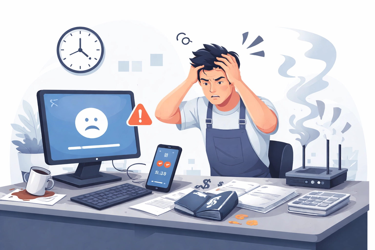 Stressed small business owner overwhelmed by IT problems, showing the hidden costs of cheap tech support in Petoskey.