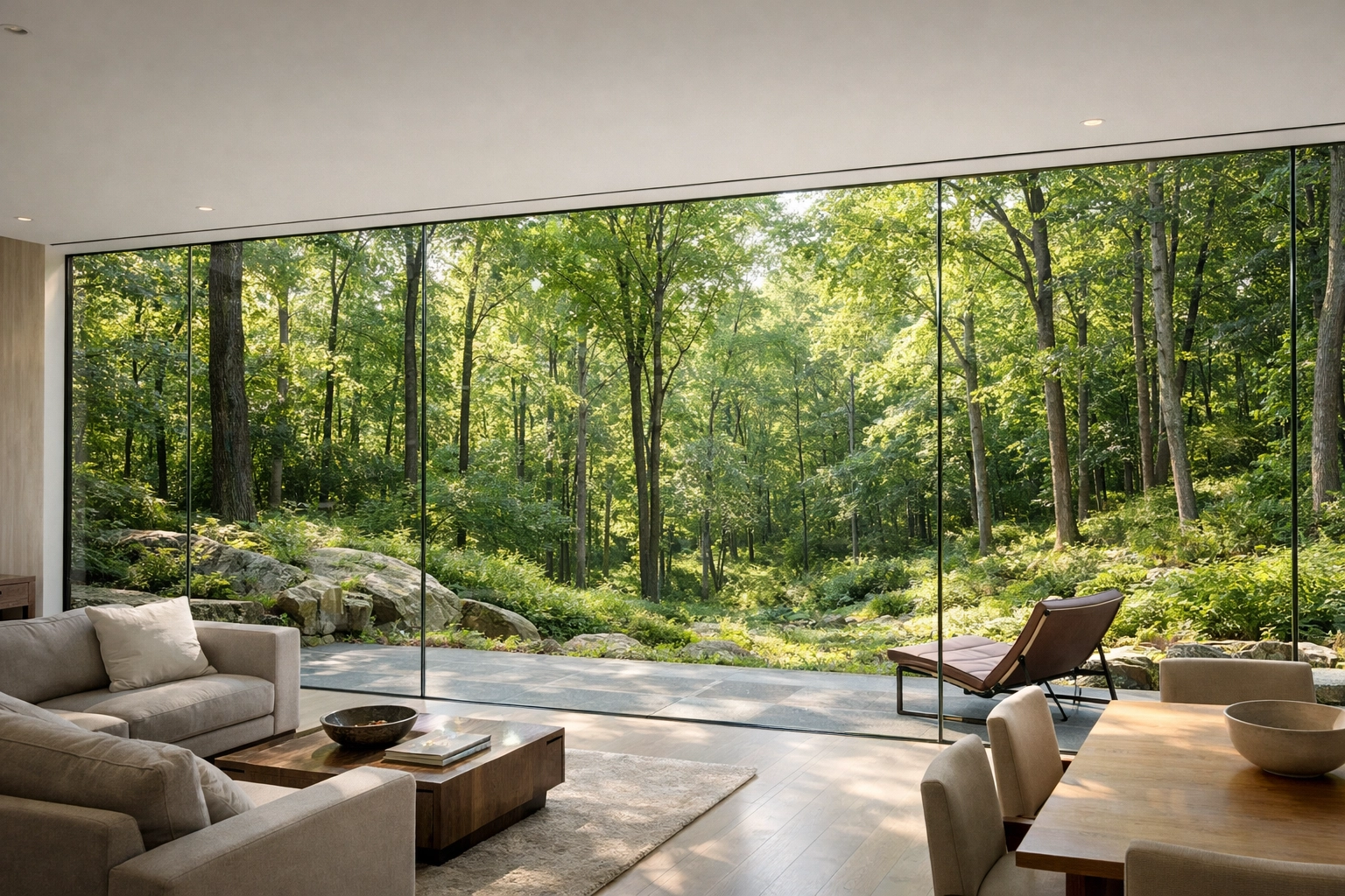 Spotless floor-to-ceiling window cleaning in a modern Westchester home overlooking a lush forest.