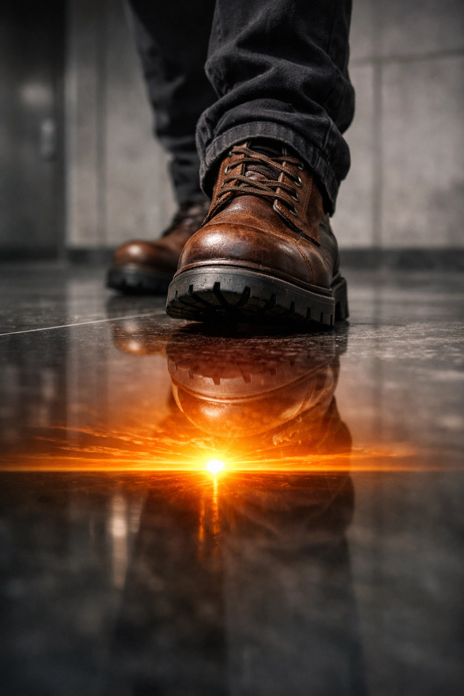Work boots stepping forward on reflective stone, symbolizing the launch of the corporate boxer wealth strategy.