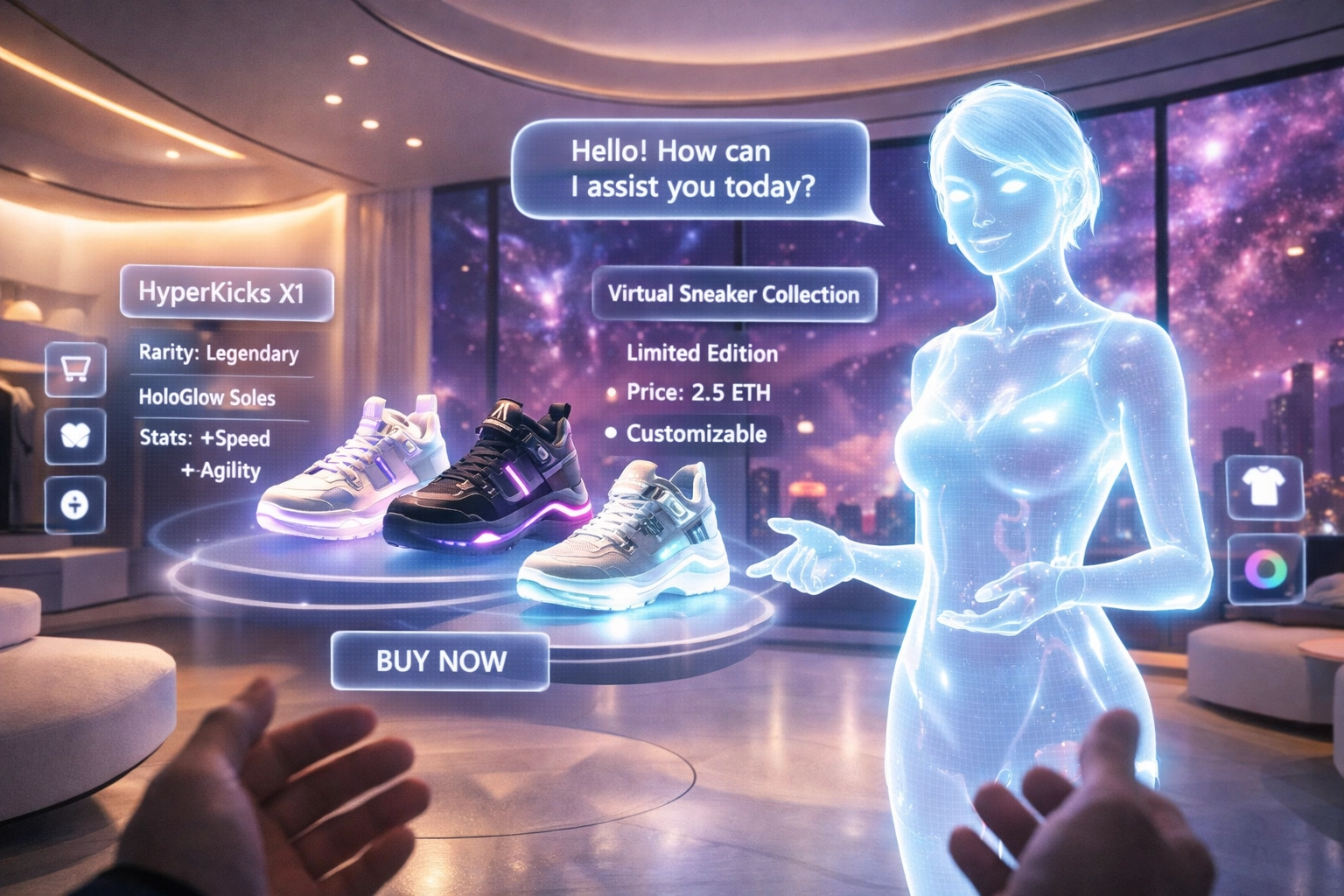 AI-powered personal shopping assistant helping a user browse digital products in a Metaverse boutique.