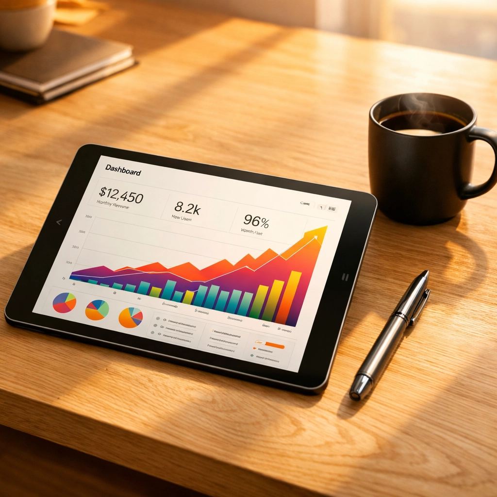 Clean office desk with a tablet showing rising sales analytics from digital marketing tips.