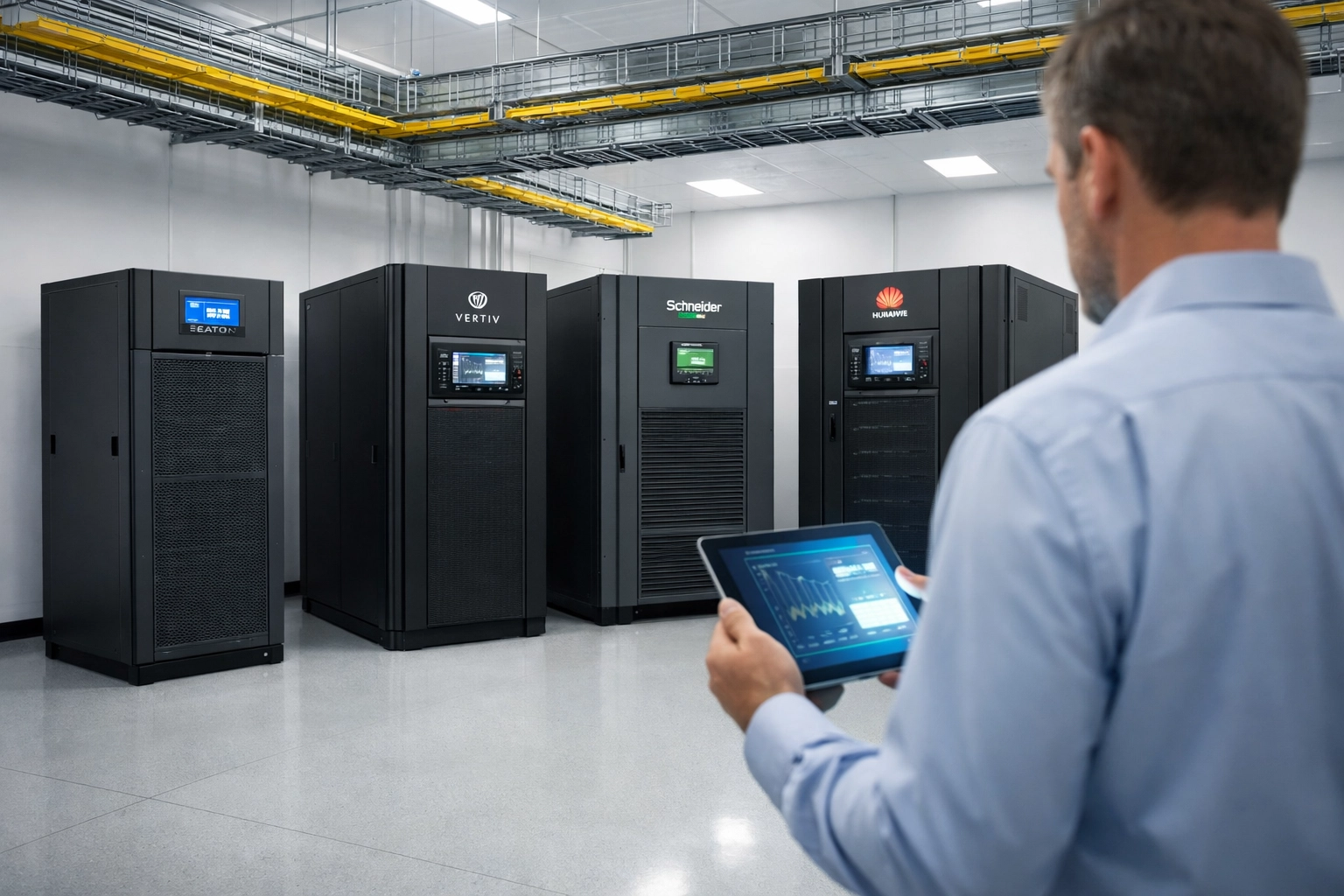 Enterprise power room featuring large-scale UPS systems and remote monitoring for data center resilience.