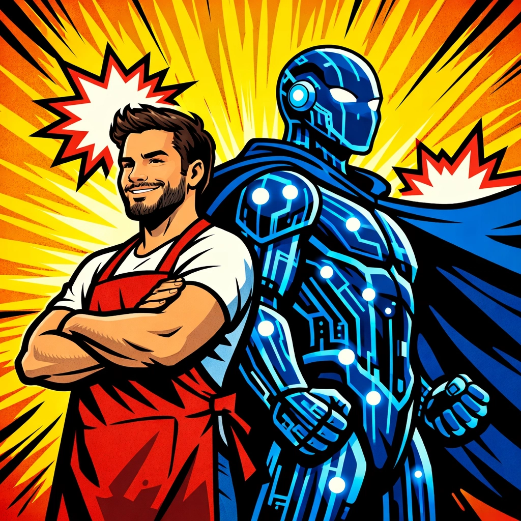 Small business owner standing with a heroic AI assistant for small business, ready to scale operations.