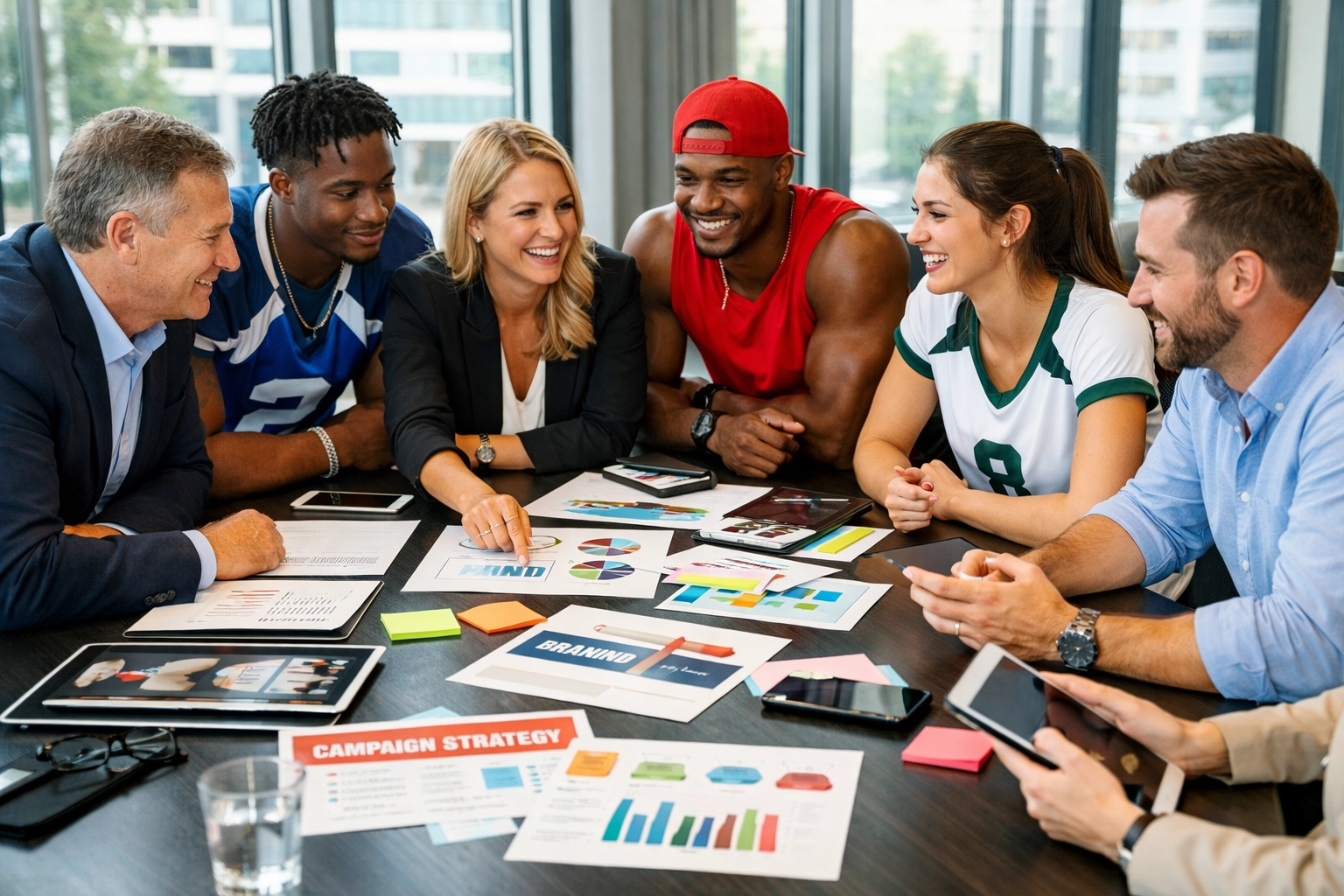 Fortune 100 marketing executives collaborating with college athletes on NIL campaign strategy