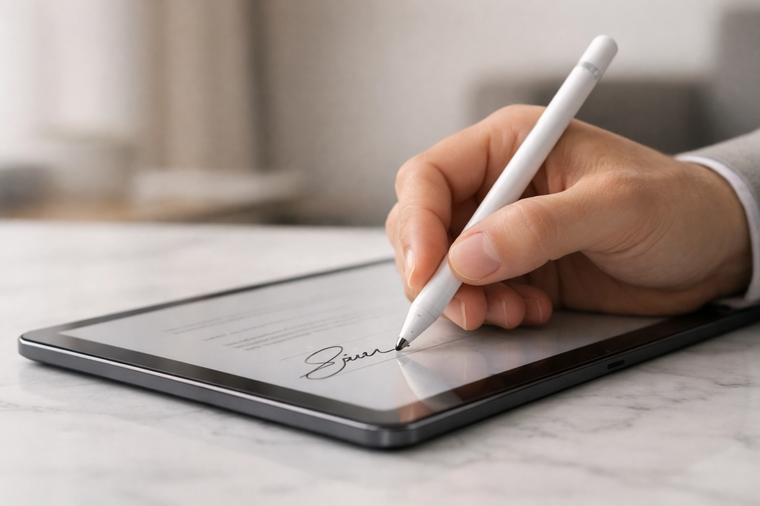 Taxpayer using a digital tablet to provide a secure, IRS-compliant electronic signature for tax returns.