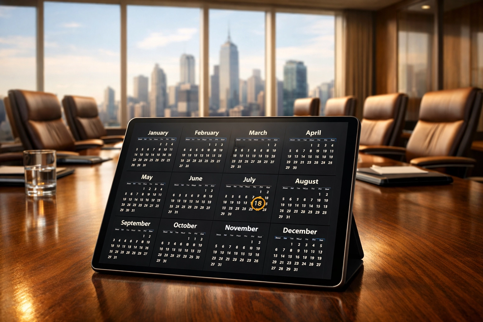 Corporate boardroom with 12-month calendar displaying year-round Super Bowl business strategy