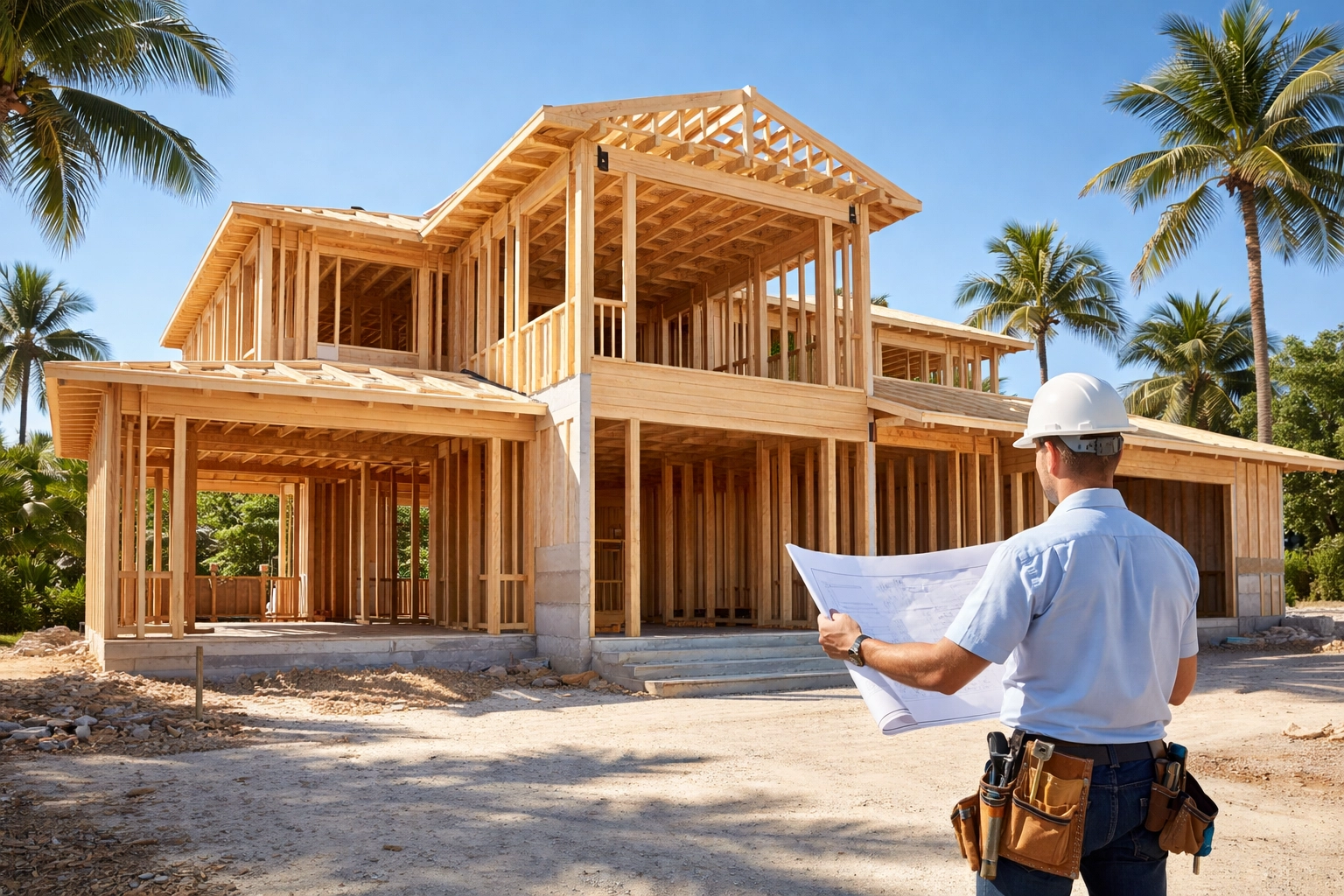 Custom home builder in Florida reviewing blueprints at a new construction site with palm trees