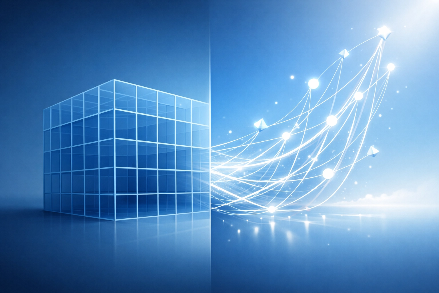 Digital architecture showing the transition from rigid SaaS constraints to a flexible, scalable custom web application.