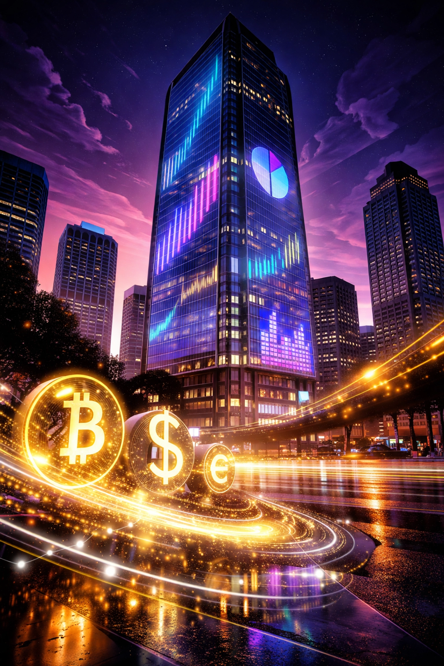 Skyscraper in downtown Dallas with AI financial data projections, representing Texas fintech innovation and SEO-driven business growth.