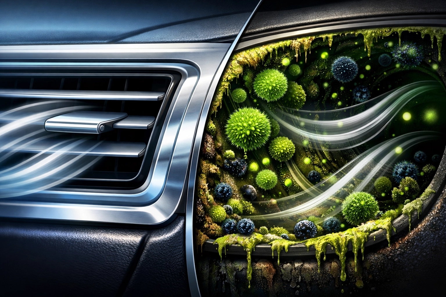 Car A/C vent system cross-section showing mold and bacteria buildup in ductwork