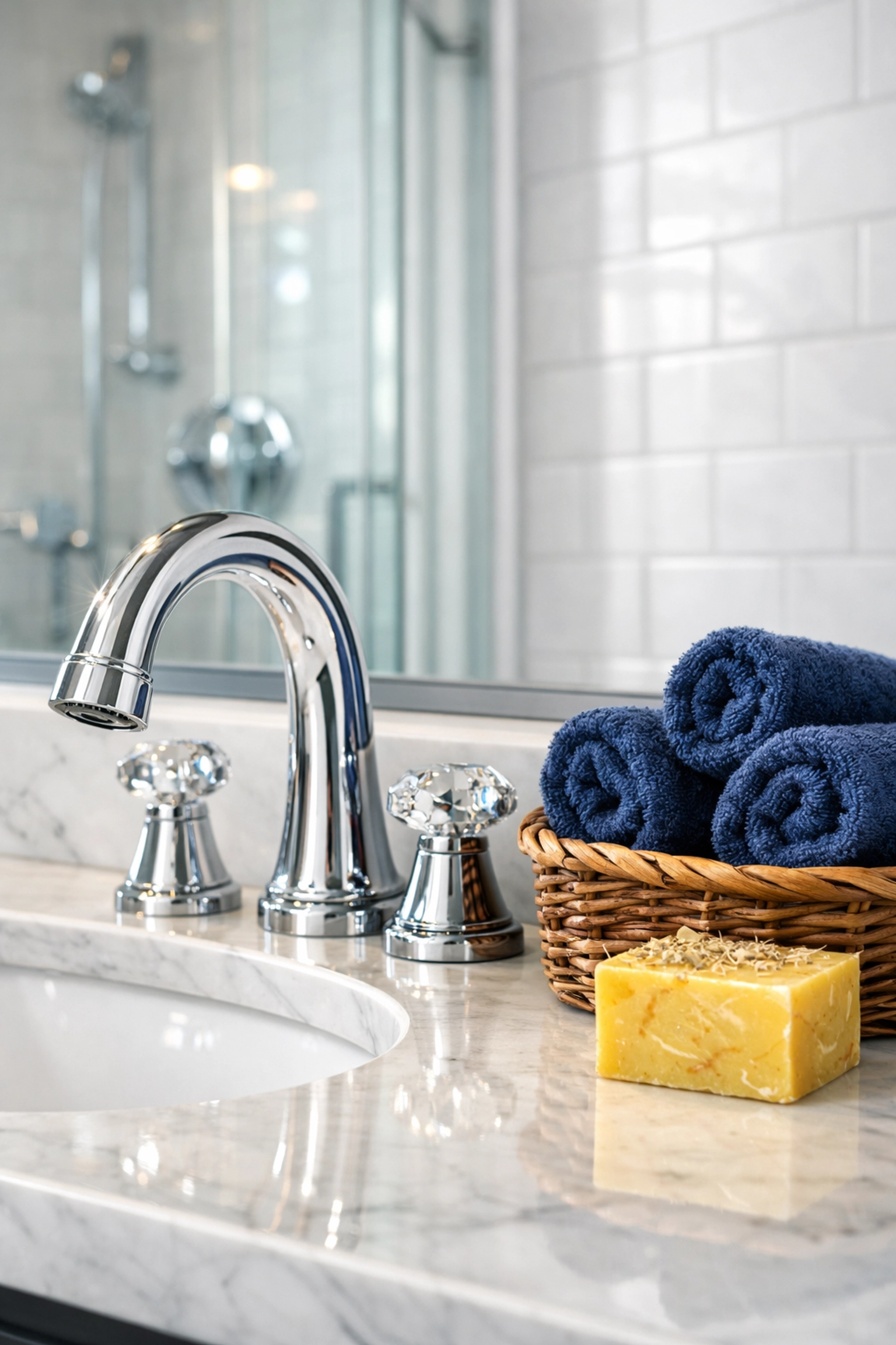 Luxury house cleaning Natick MA showing a sparkling chrome faucet on a spotless white marble vanity.