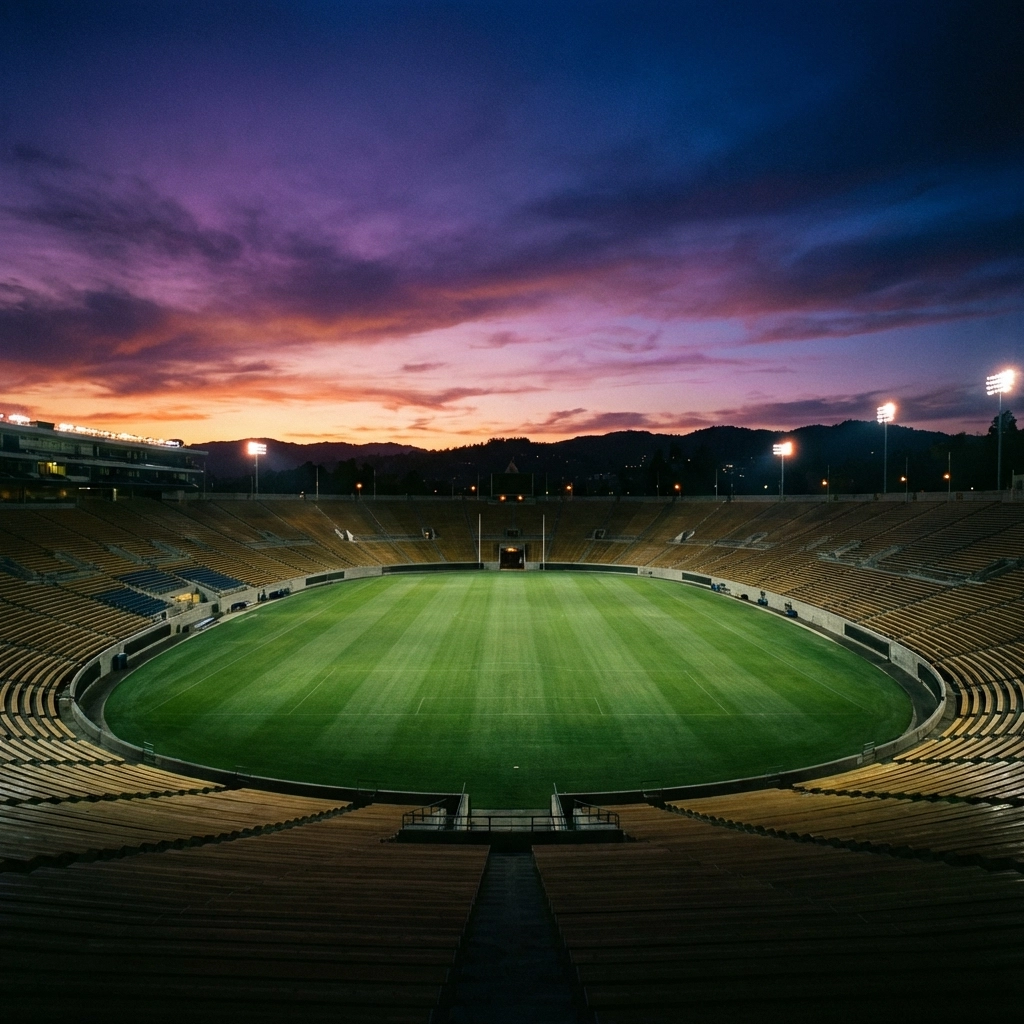 Wide-angle view of Memorial Stadium at UC Berkeley at twilight, empty field and glowing lights