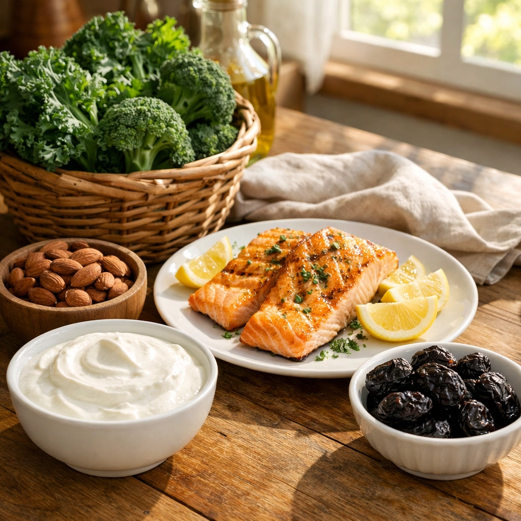 A selection of bone-healthy foods including salmon, kale, and almonds to improve bone strength and density.