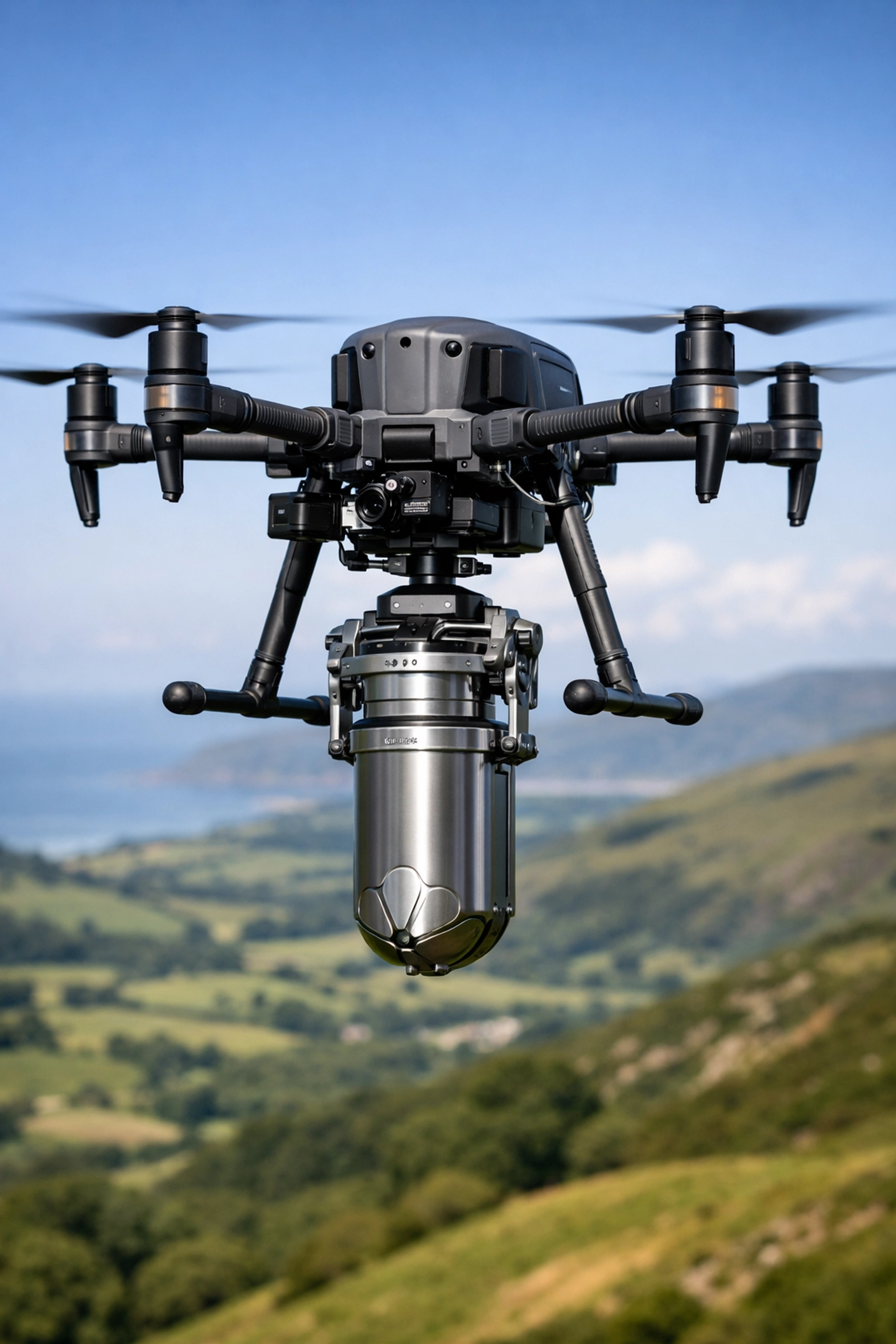 Professional drone equipped for a dignified aerial ash scattering ceremony over the Welsh countryside.