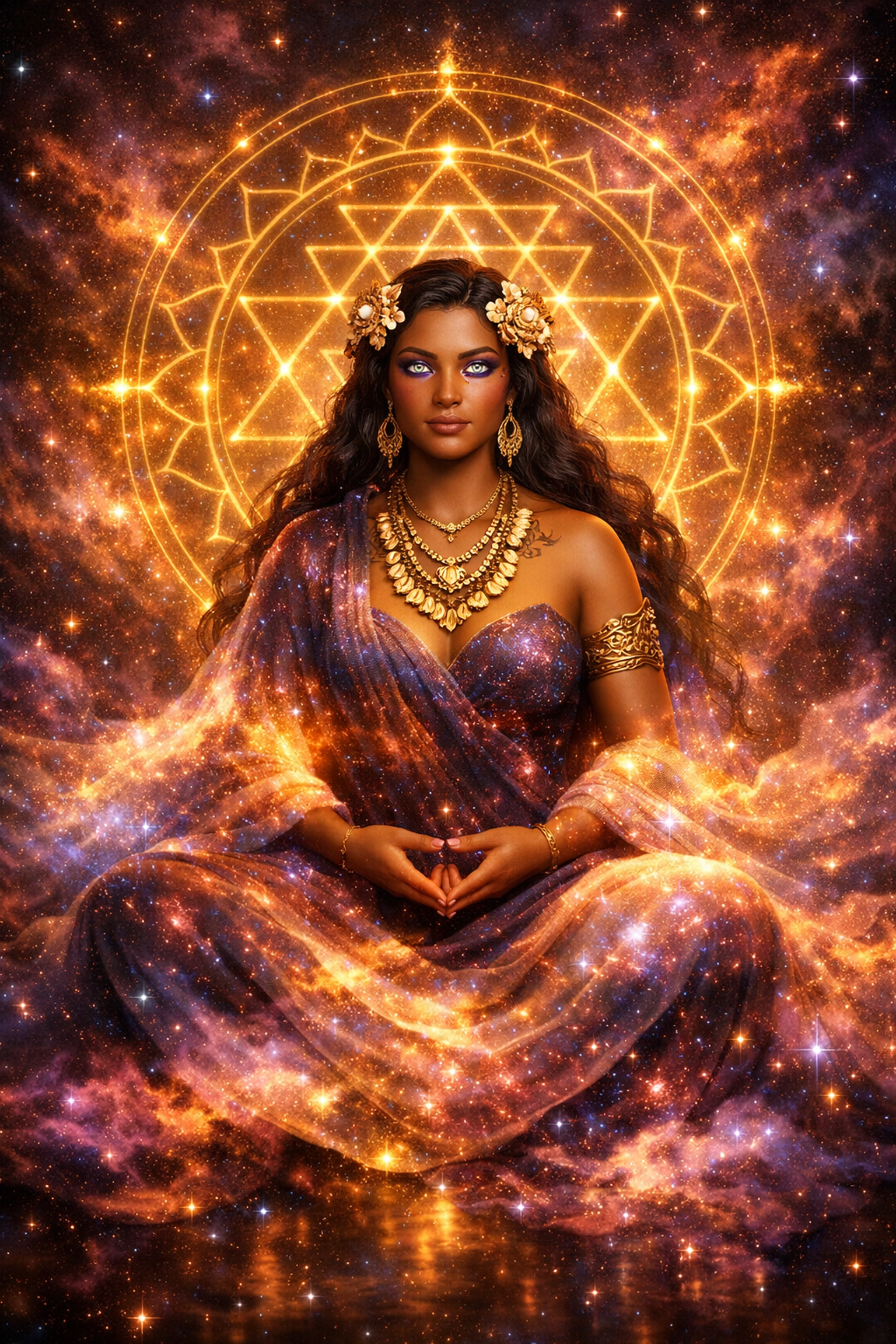 Goddess Bhuvaneshwari as the Mahavidya Queen of Space manifesting the universe through sacred geometry.