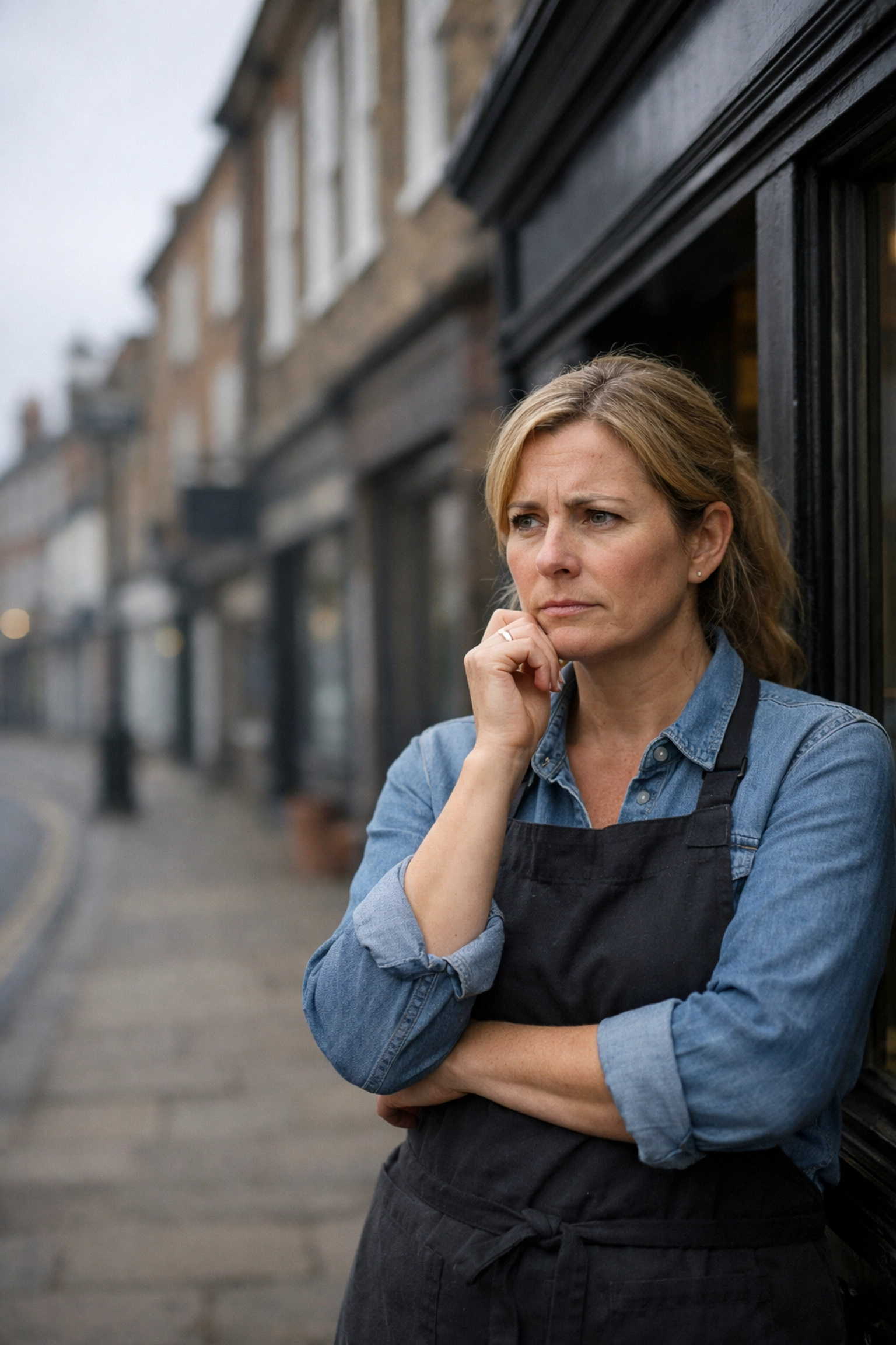 Business owner outside a traditional Abingdon shopfront reflecting on professional commercial security needs.