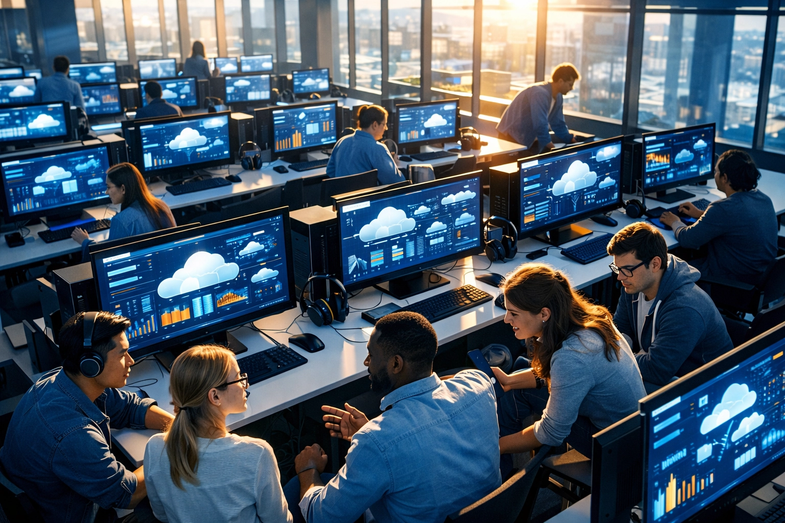 Modern technology training facility with gaming stations for cloud workforce development