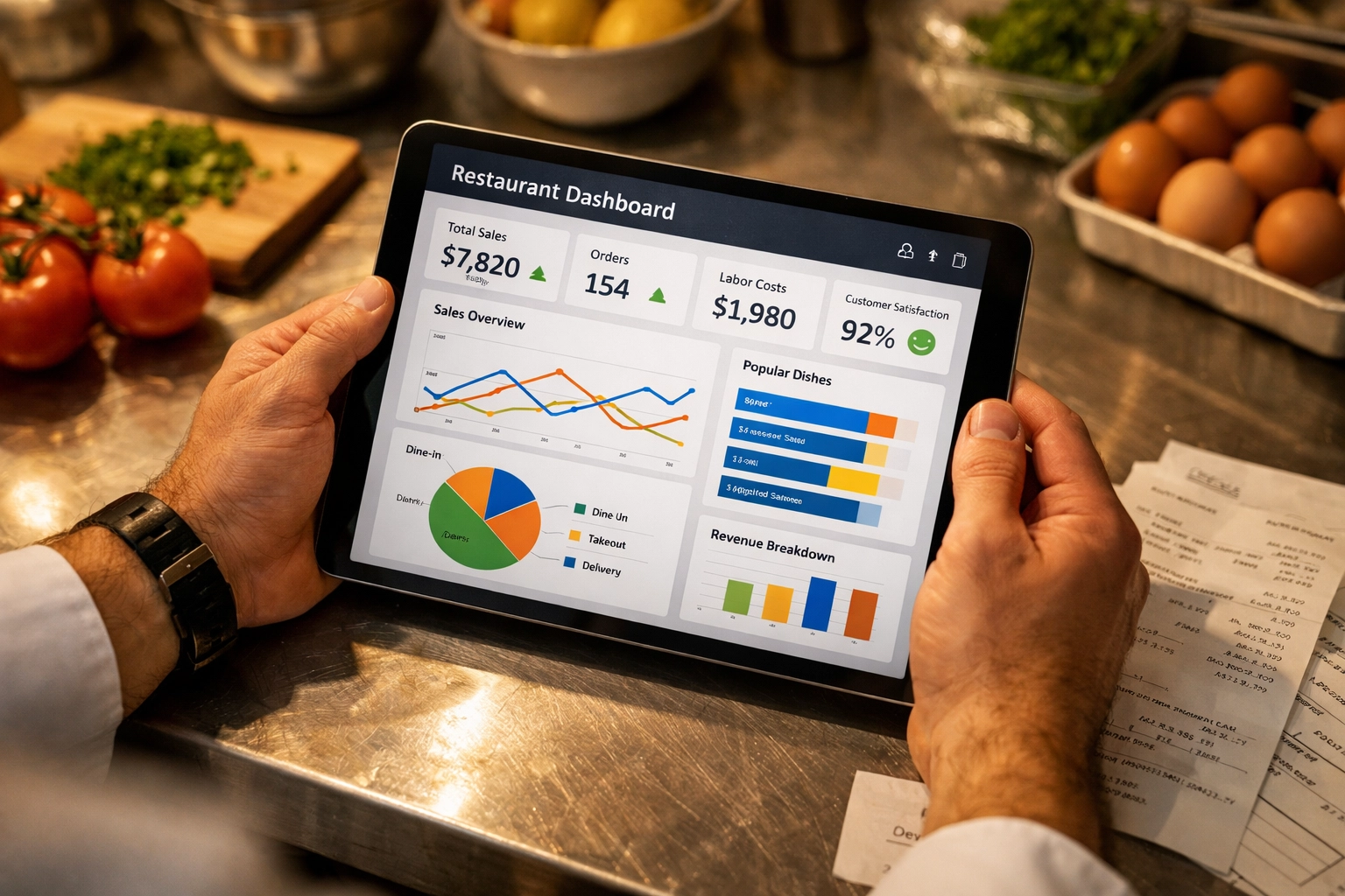 Restaurant manager reviewing prime cost dashboard on tablet in commercial kitchen