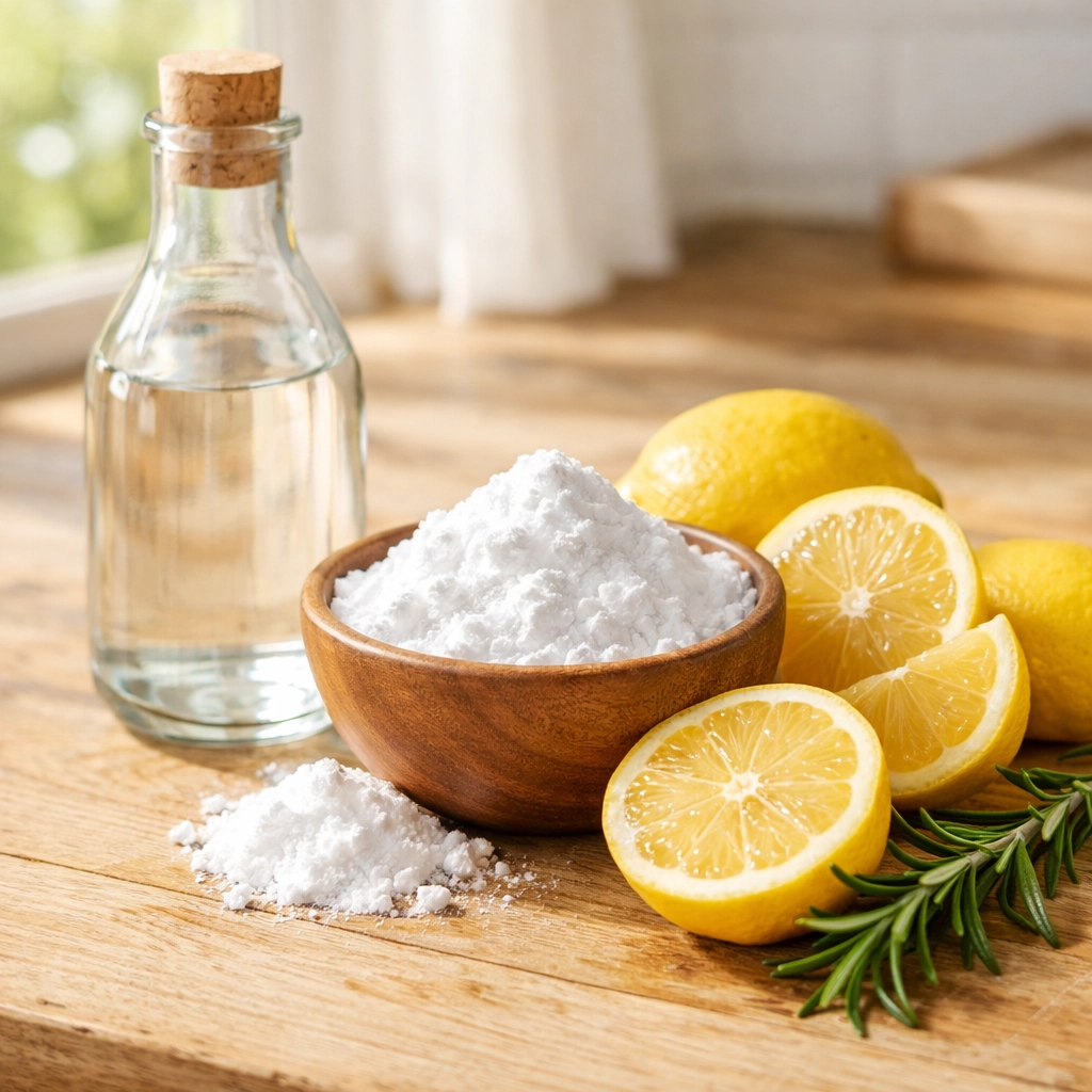 Natural ingredients like lemons and vinegar used for sustainable eco-friendly cleaning tips.