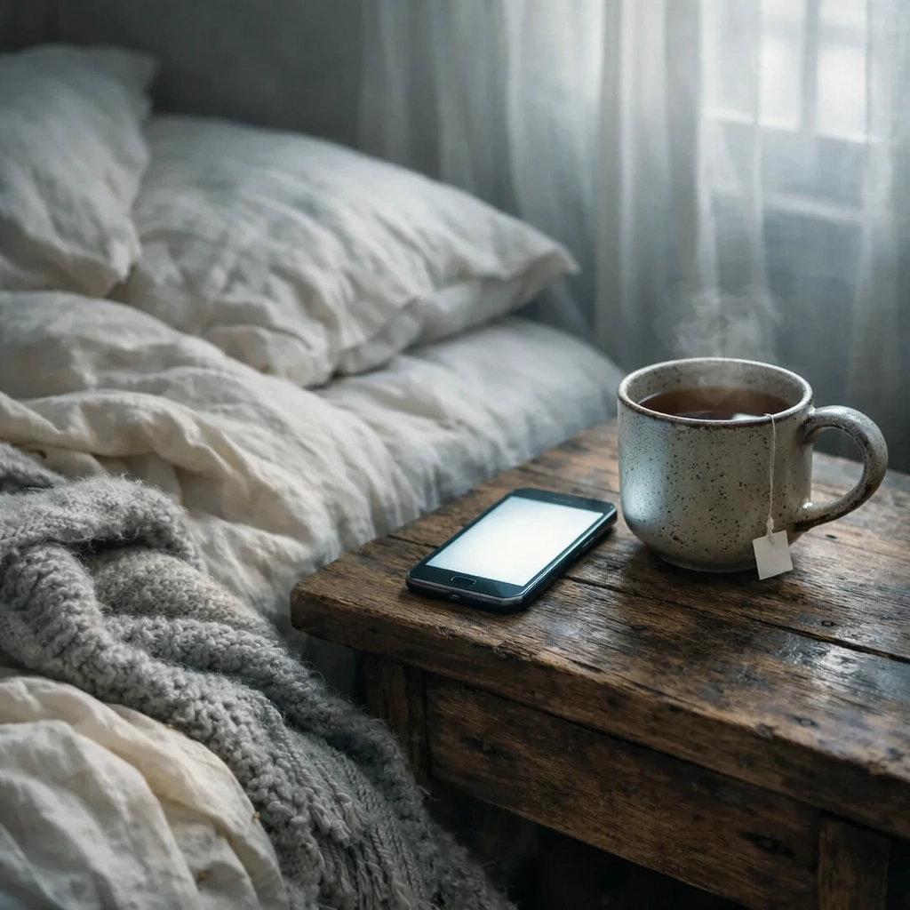 Smartphone on a nightstand beside a cozy bed, symbolizing remote postpartum support online for new parents.
