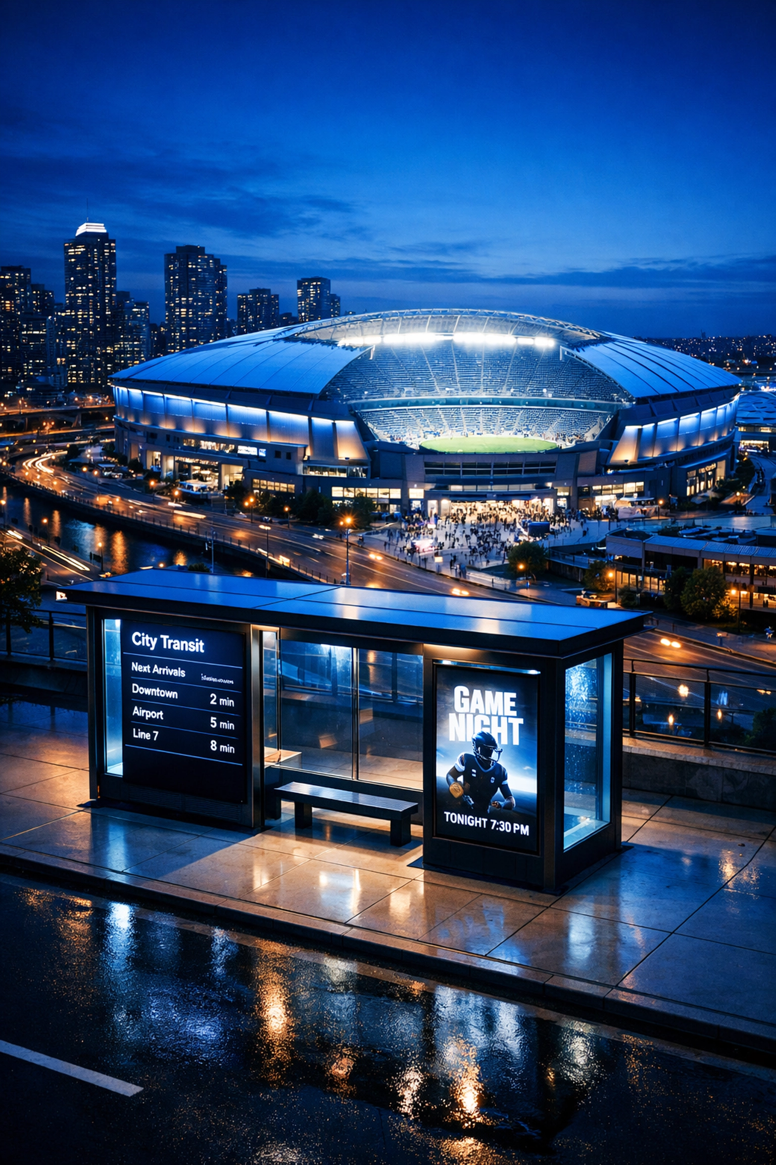 Digital advertising display at an urban transit station near a major sports stadium.