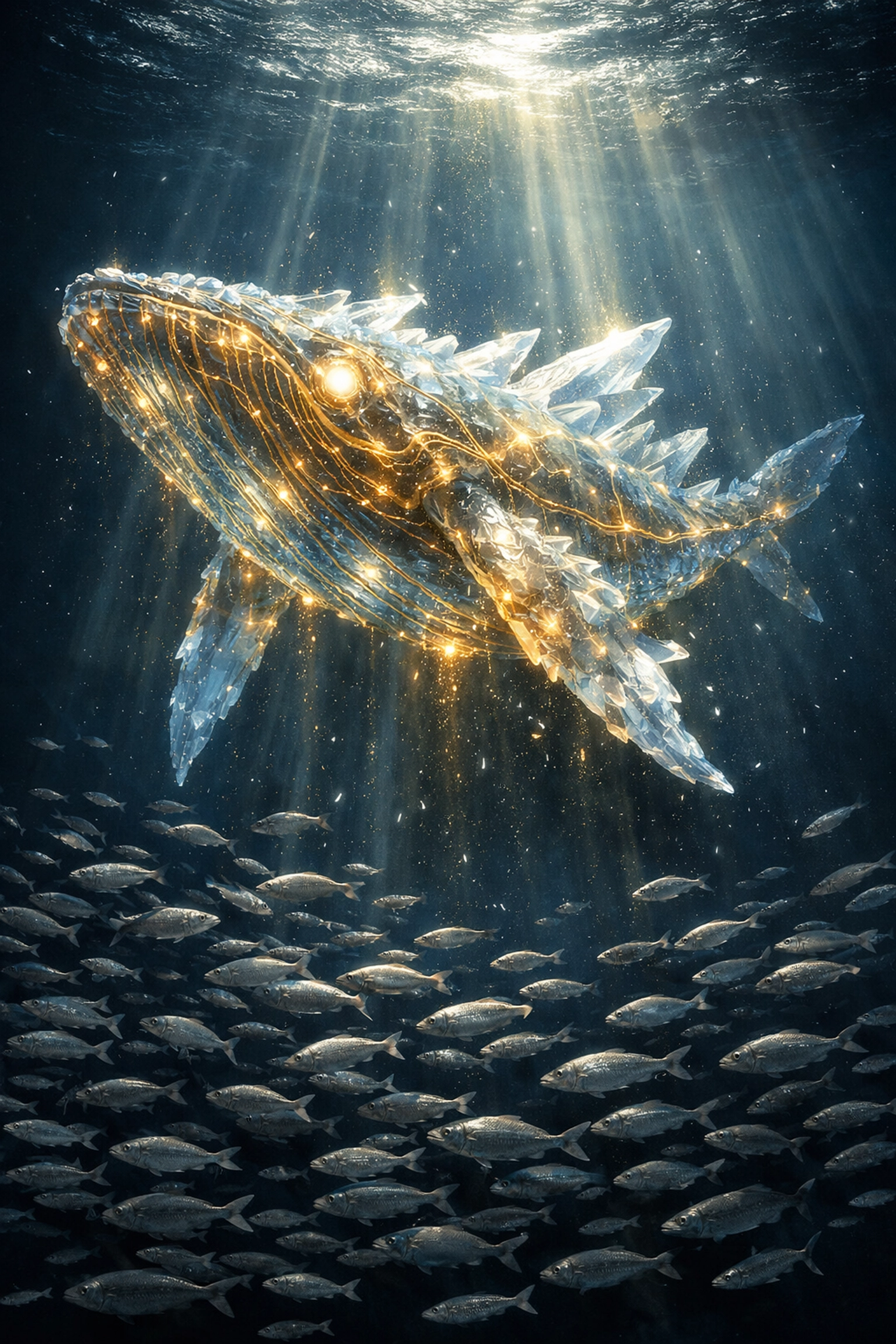 A majestic glowing whale among small fish representing high-value customer acquisition in PPC.