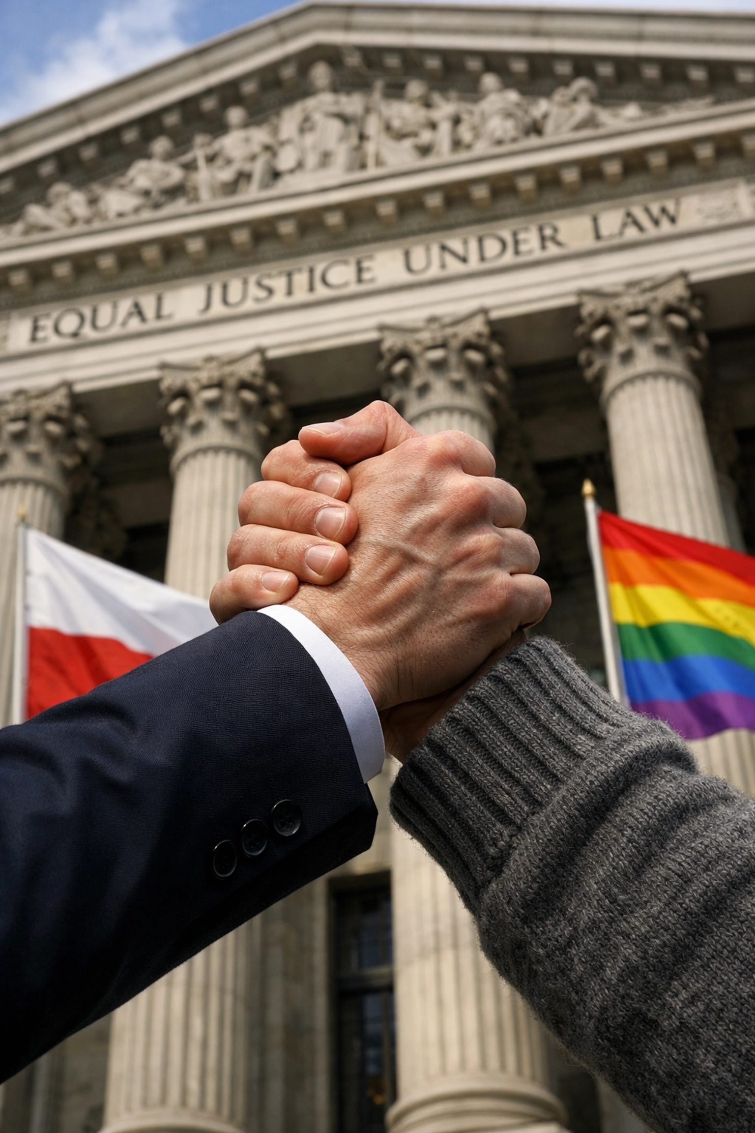 Interlocked hands in front of a Polish courthouse, representing the legal victory for LGBTQ+ rights.