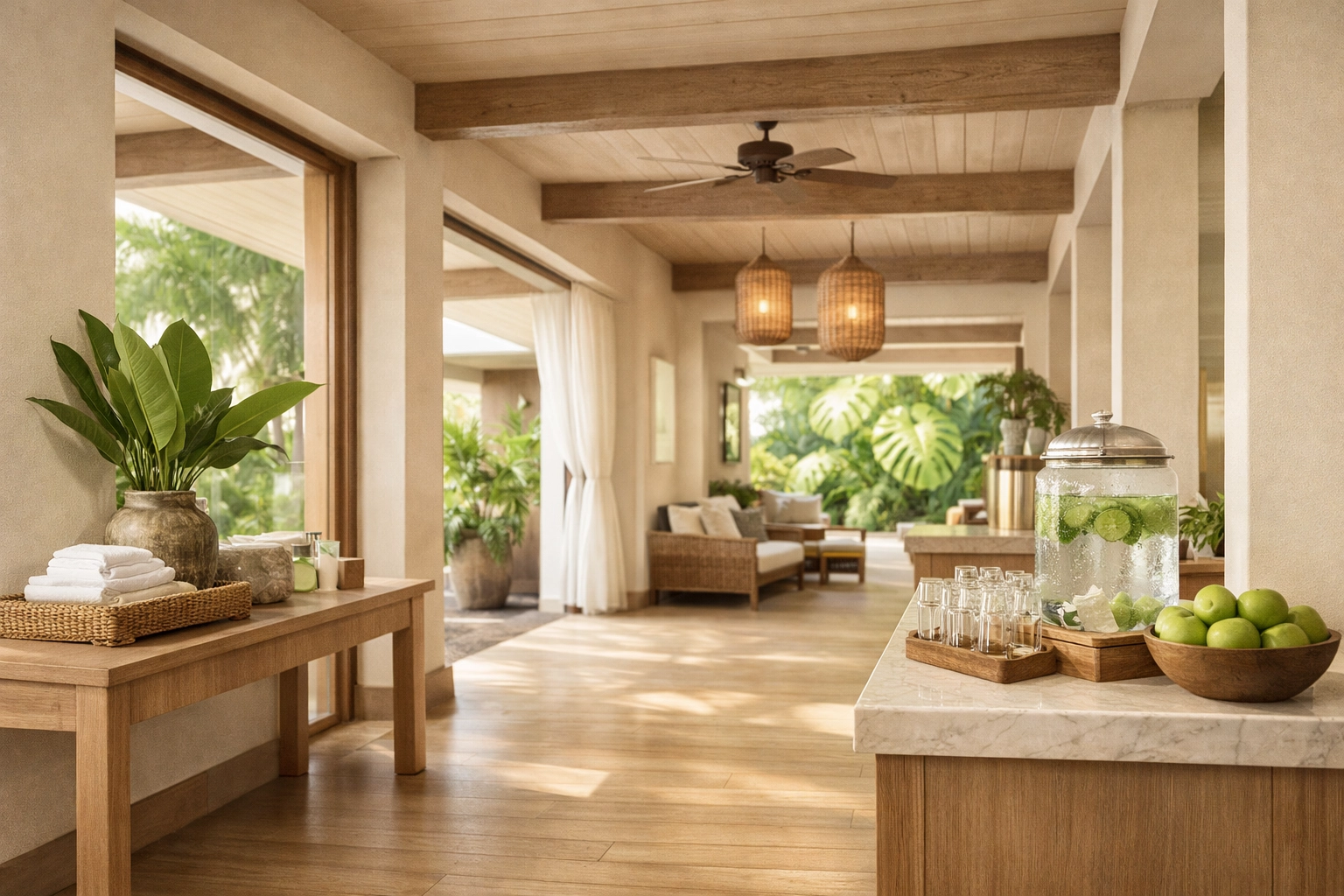 Well-ventilated resort interior showcasing indoor air quality and comfort from AC repair Maui services.