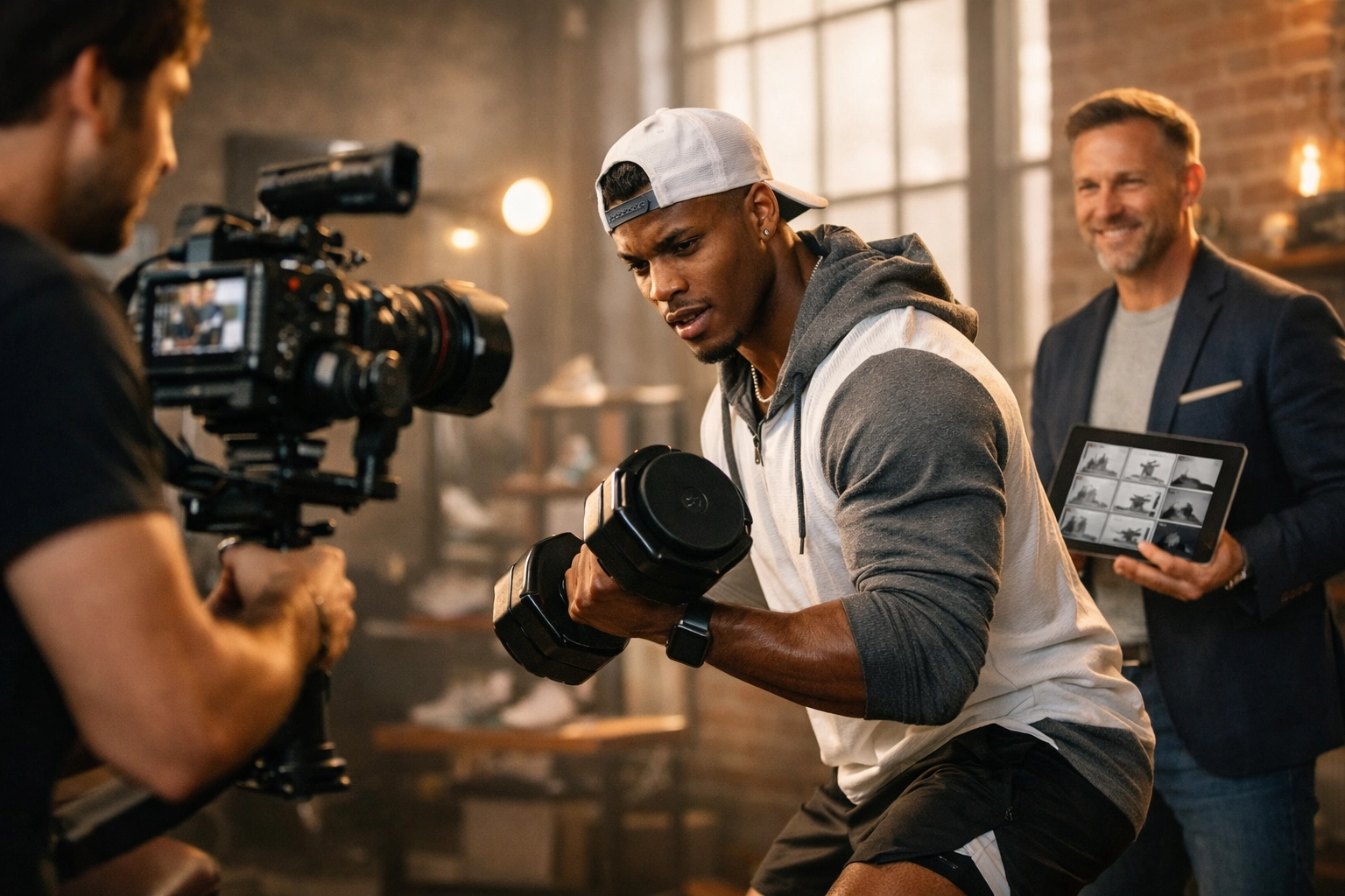 Collegiate athlete and business sponsor collaborating on professional NIL content creation.