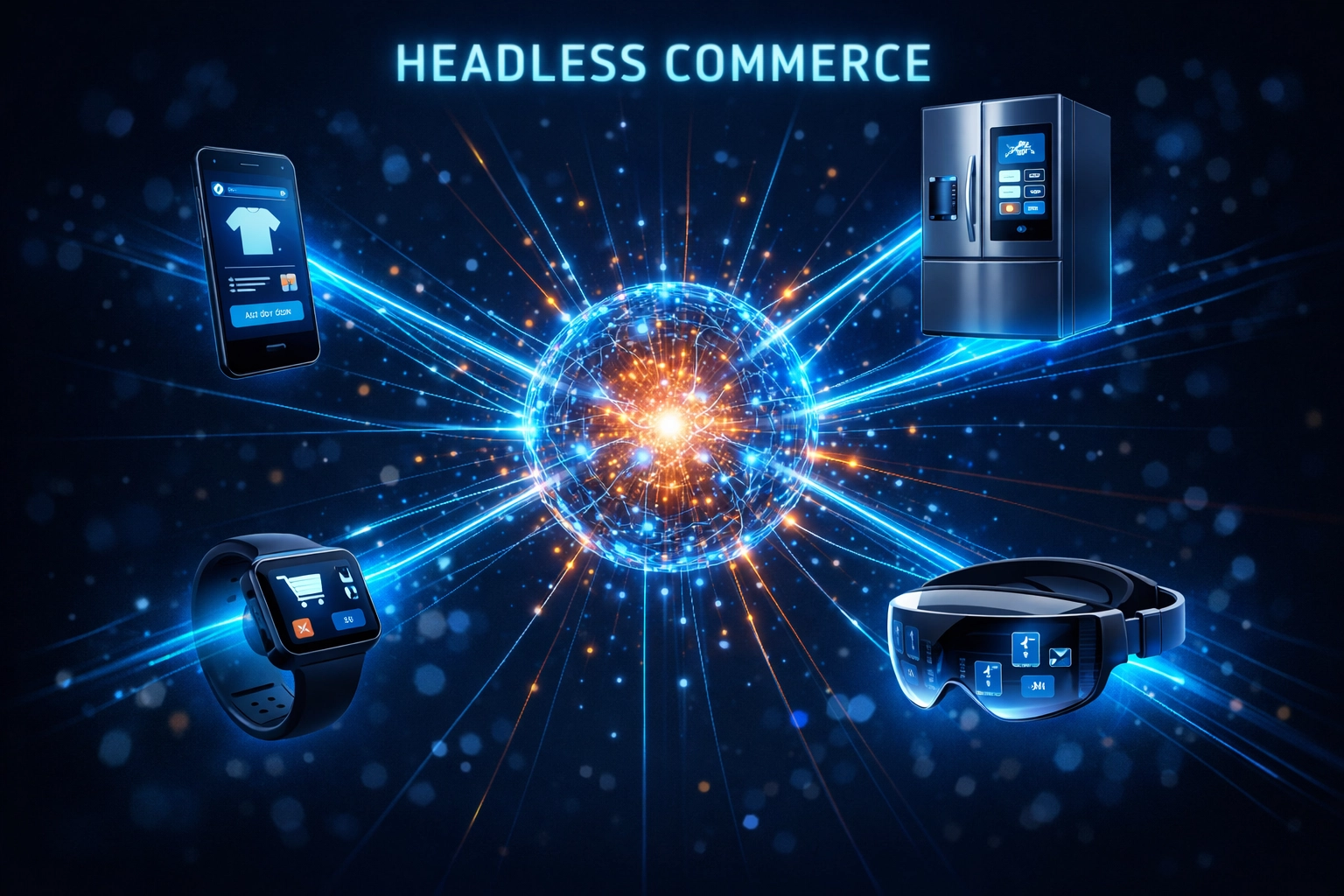 Visualization of headless commerce architecture connecting a central database to various smart devices.