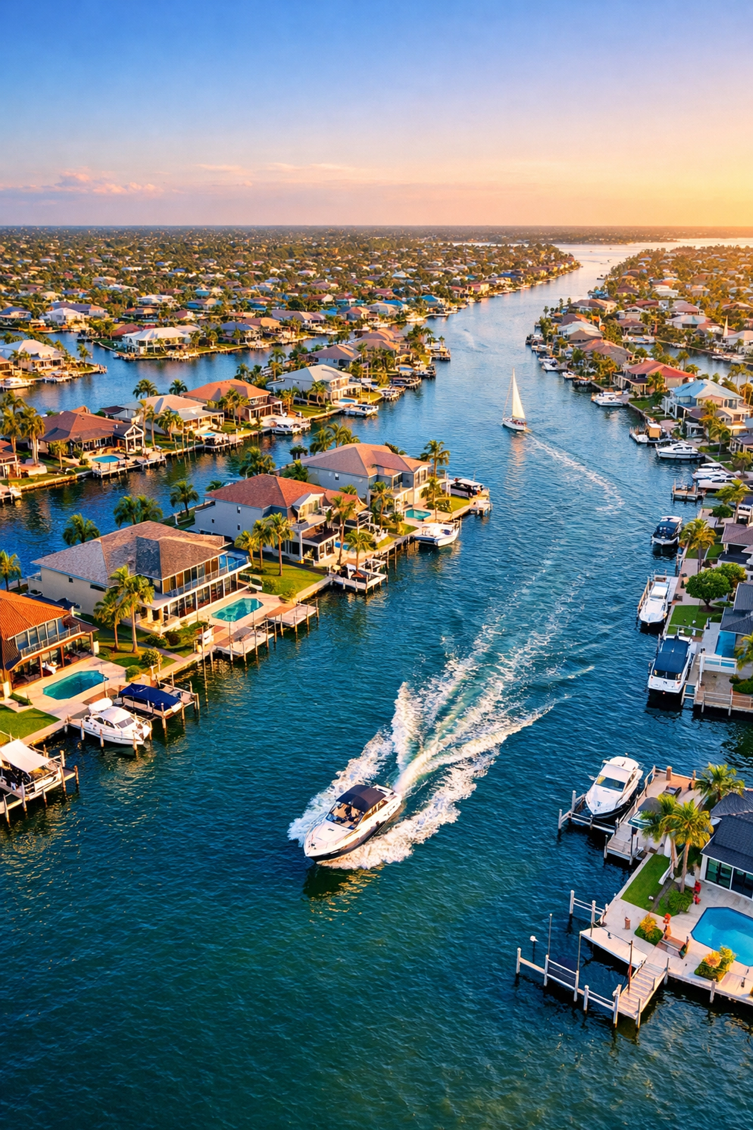Aerial view of Cape Coral waterfront homes with private docks along canal system