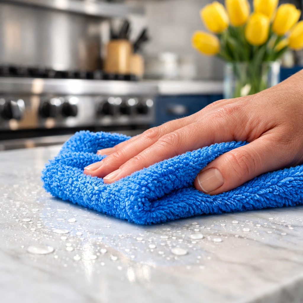 Blue microfiber cloth wiping a white marble kitchen counter during a professional deep cleaning in Hingham MA.
