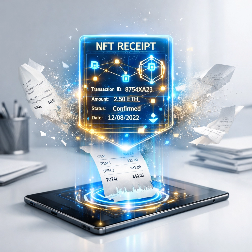 Digital receipt transforming into NFT blockchain receipt for crypto merchant accounting