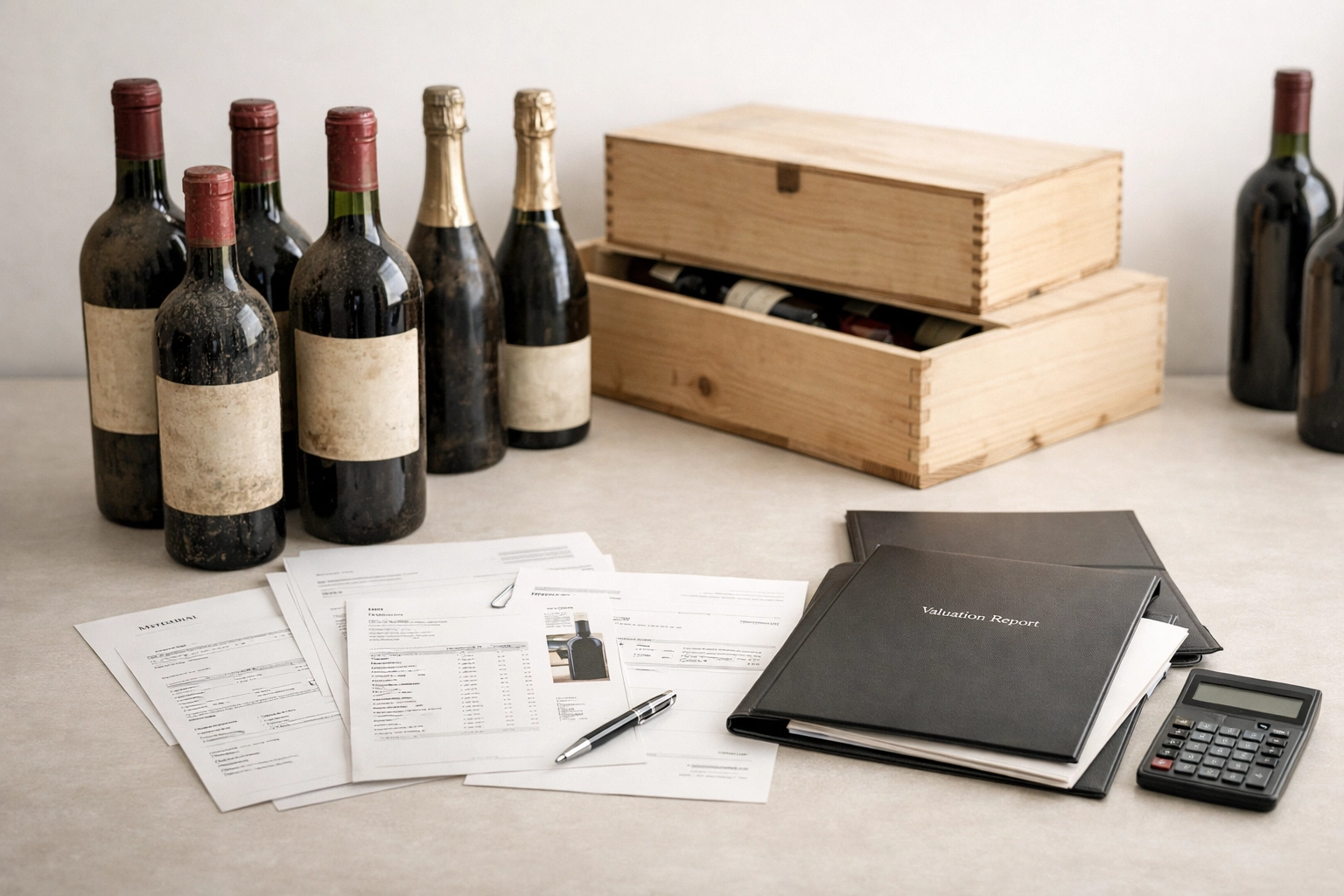 High-end wine collection with documentation for valuation and insurance purposes