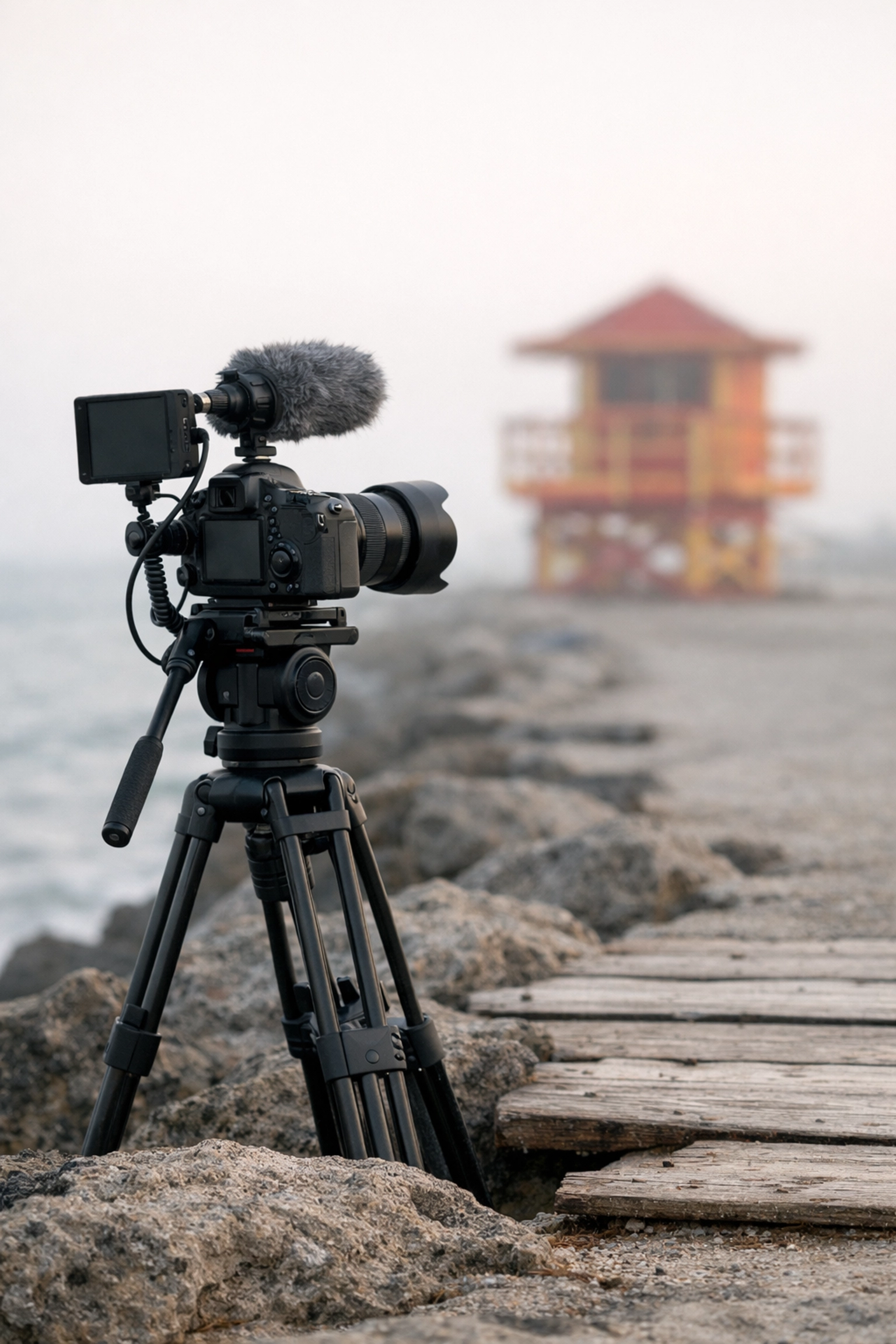 Professional camera gear on a tripod at a scenic beach spot during a Miami photography tour.