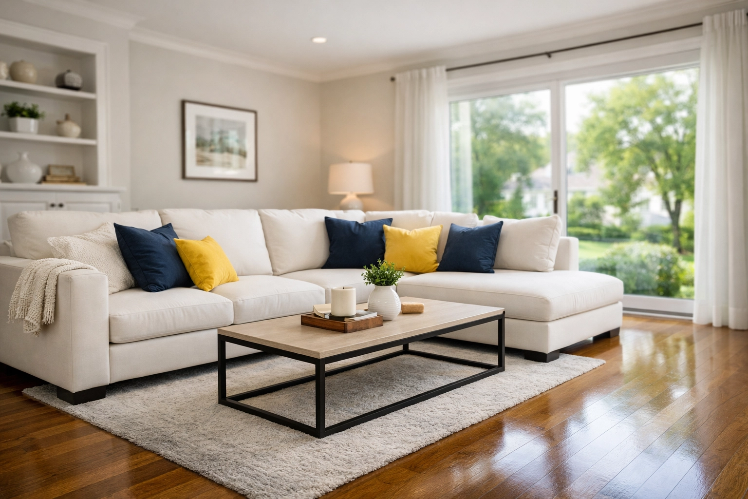 A clean, sunlit living room in a Waltham, MA home highlighting the benefits of reliable cleaning services near me.