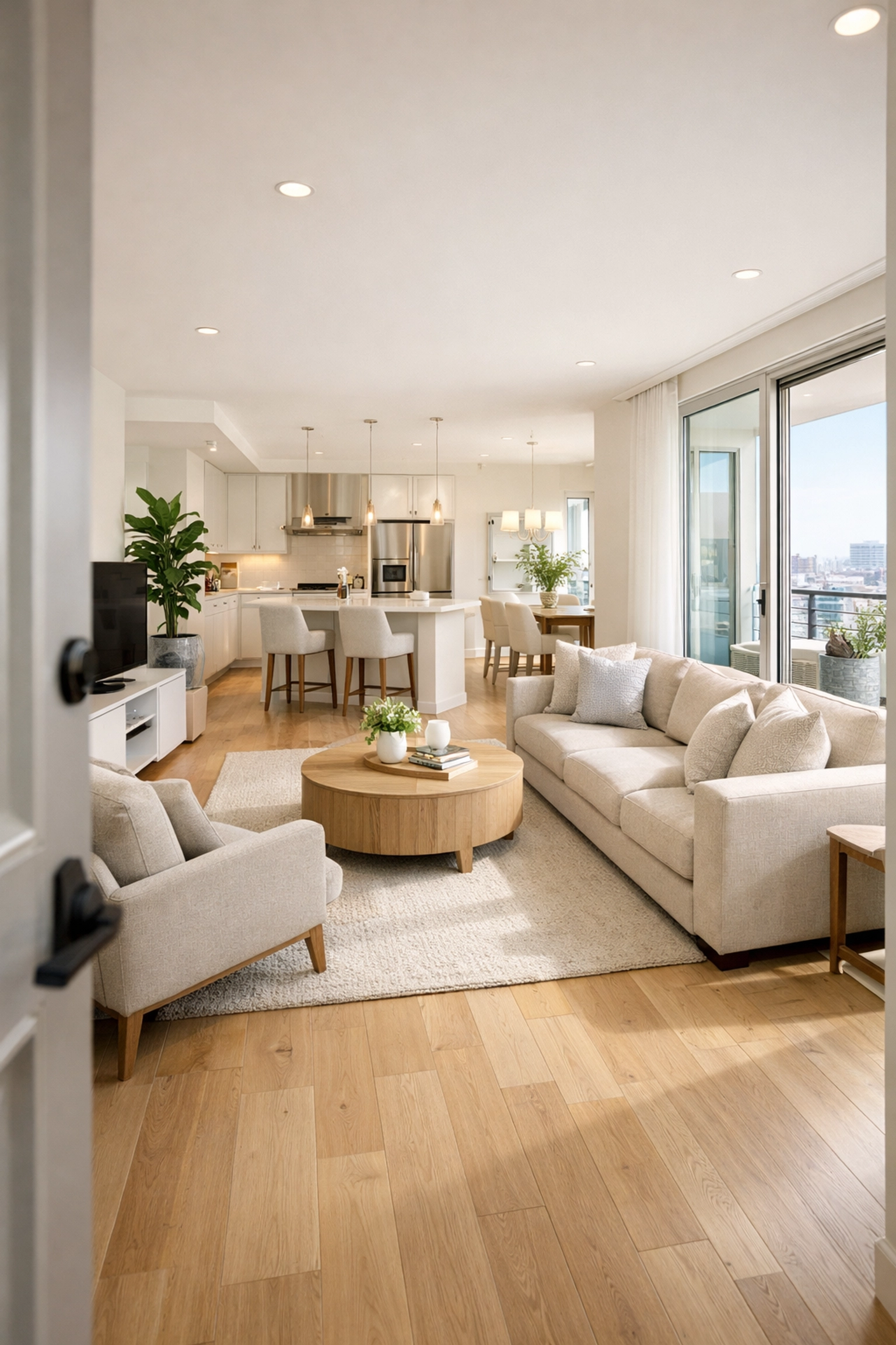 Bright move-in ready luxury apartment unit with clean hardwood floors and modern furniture.