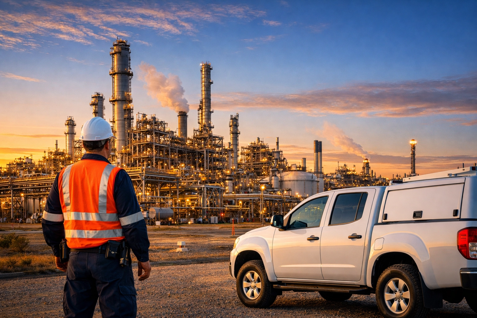 Industrial contractor at a UK maintenance site representing specialised trade recruitment and logistical support.