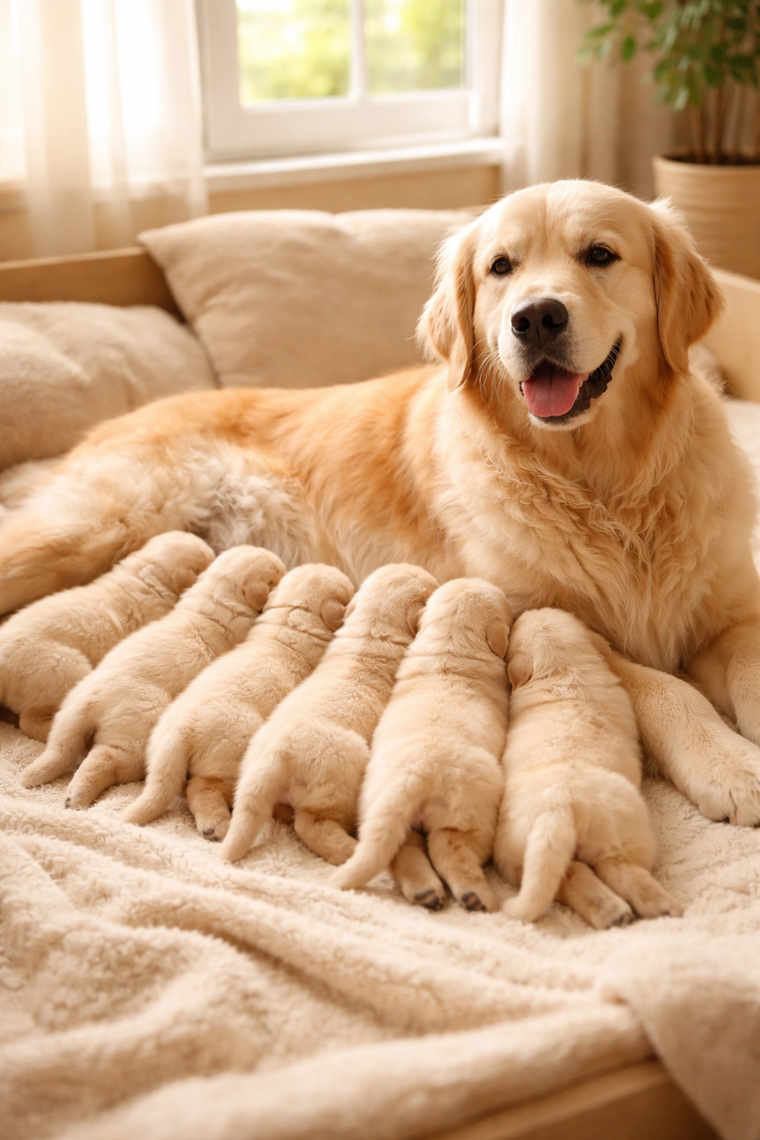 Golden Retriever mother with nursing puppies in a cozy home setting, showcasing healthy breeding practices